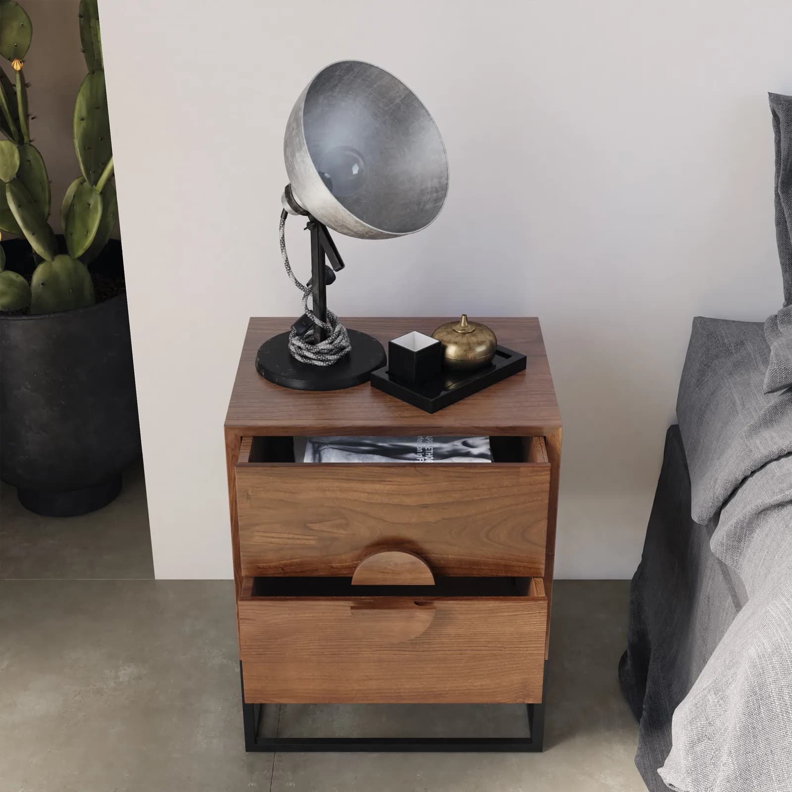 Comodino 44x55h cm in legno di acacia e metallo nero con cassetti - Freia Stone