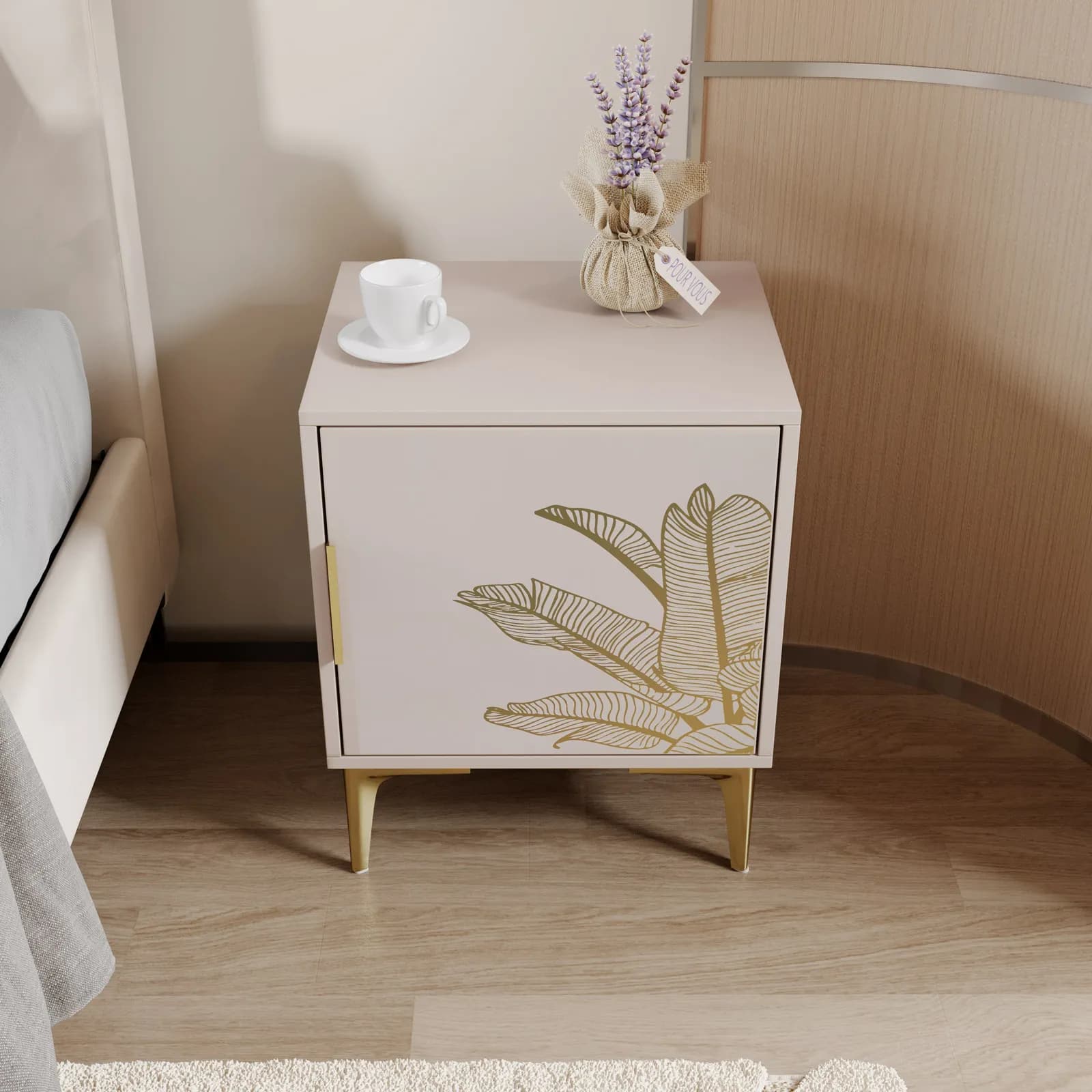Comodino 45x55h cm cashmere con 1 anta decorata e piedi in metallo oro opaco - Rosalind