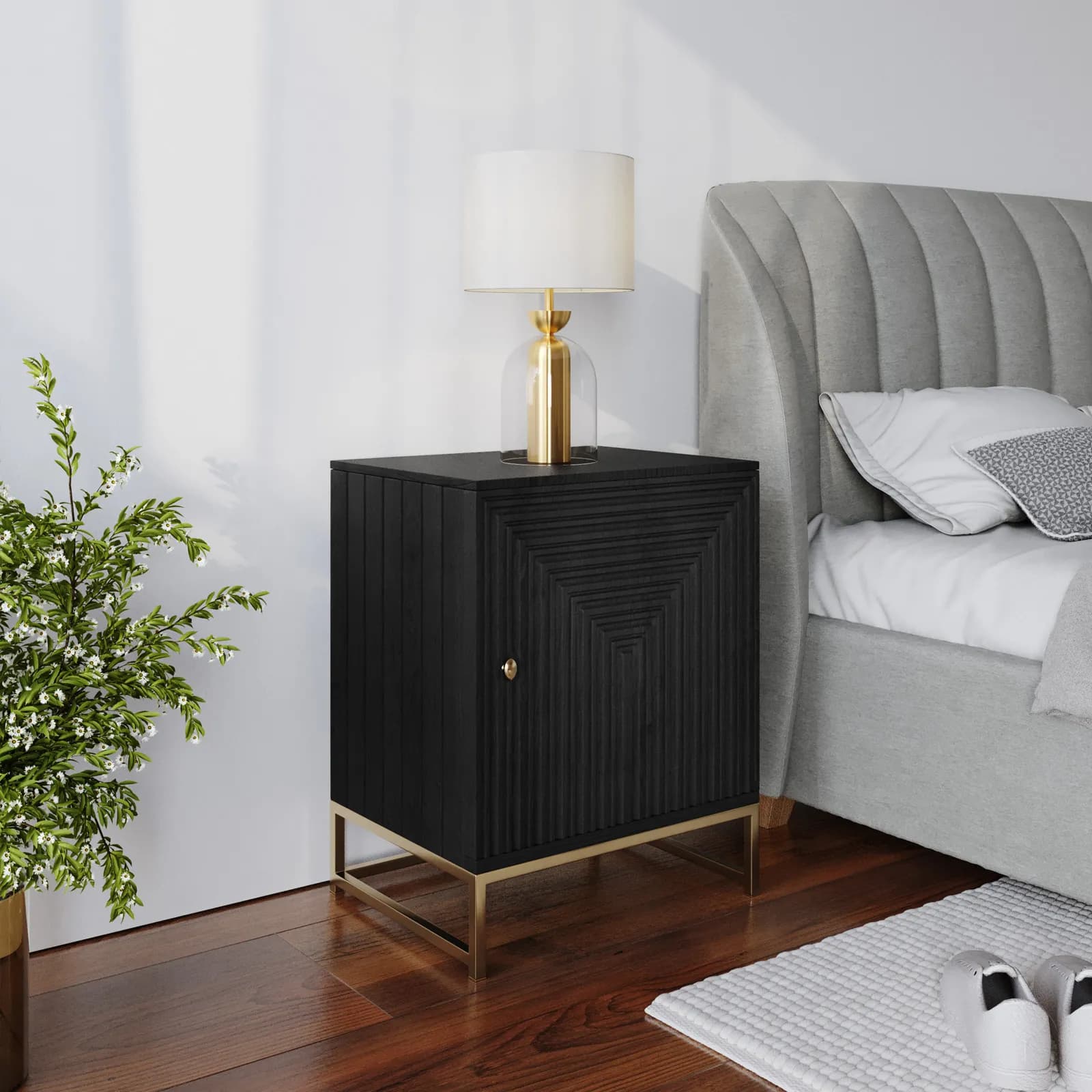 Comodino 45x57 cm in legno di mango nero cannettato e metallo oro - Dunkel