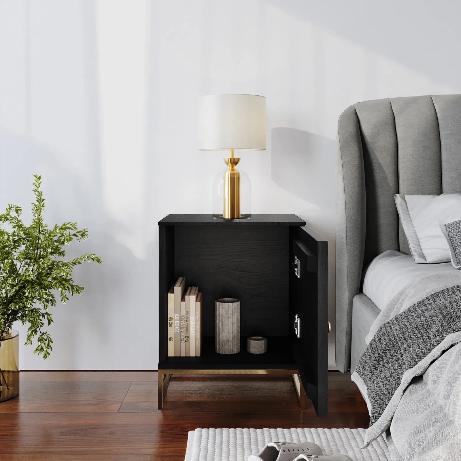 Comodino 45x57 cm in legno di mango nero cannettato e metallo oro - Dunkel