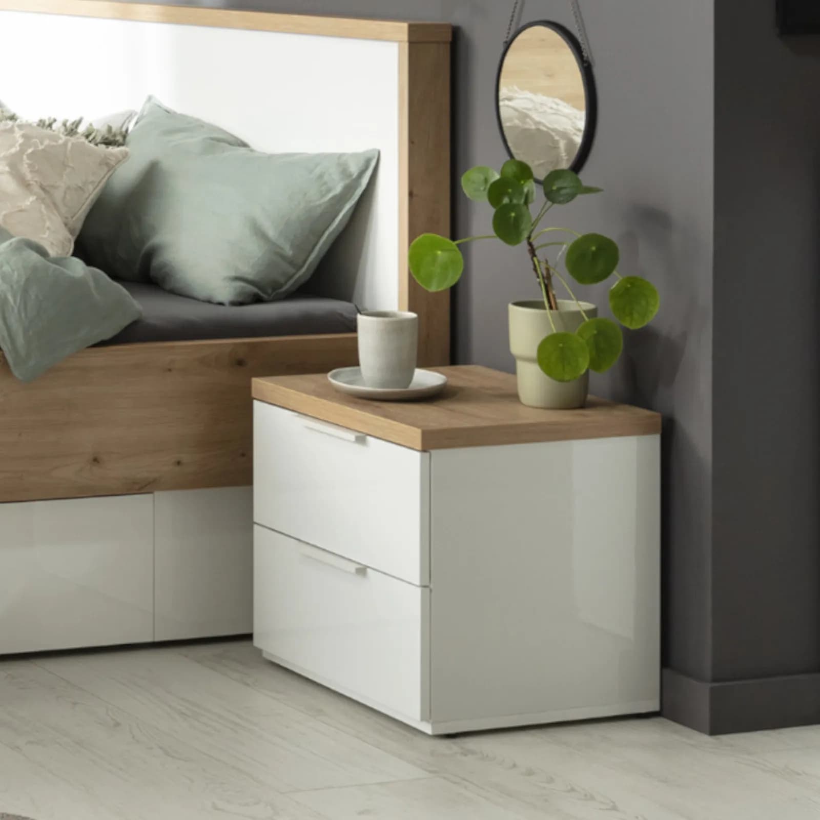 Comodino 49x45h cm con due cassetti in rovere e bianco lucido - Boras night