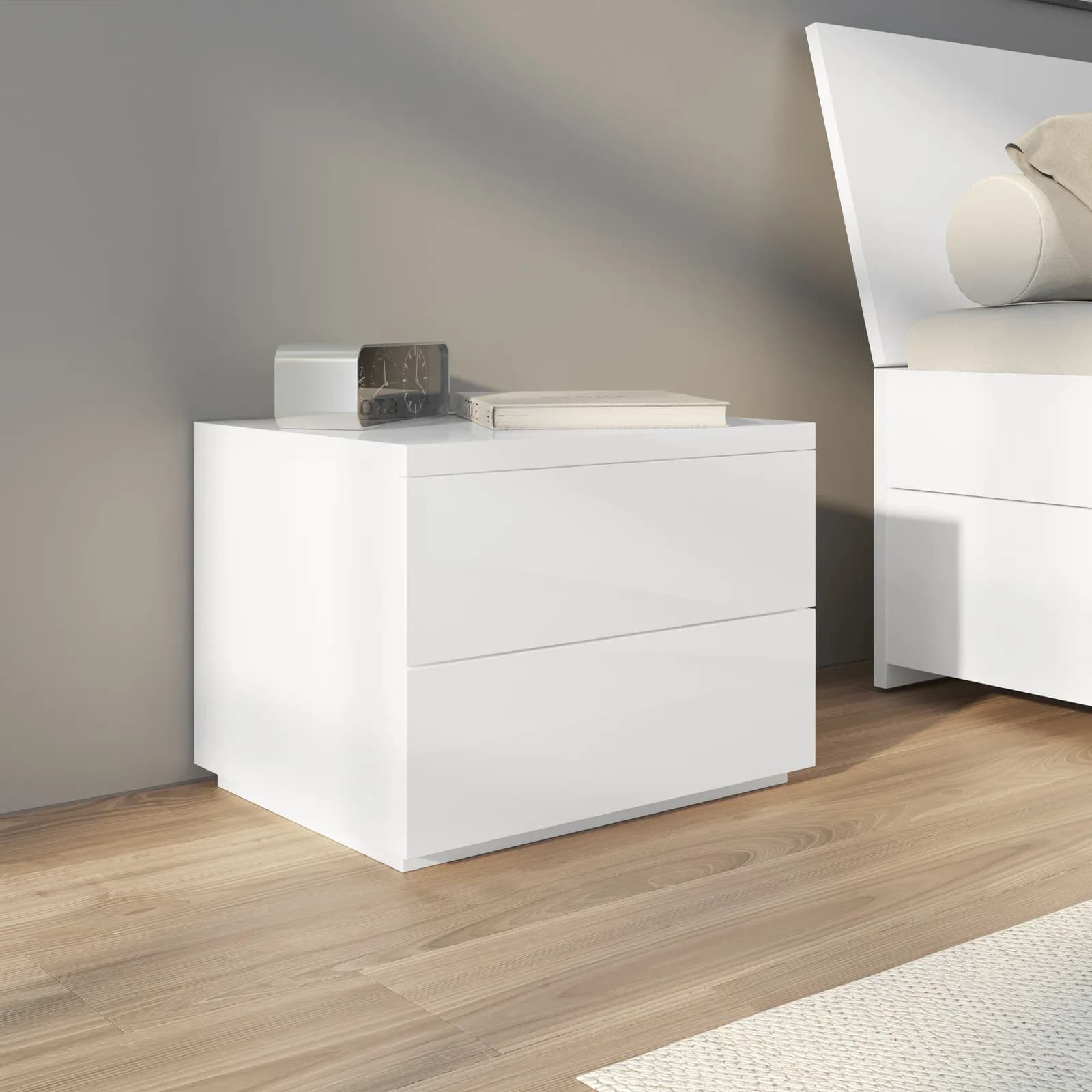 Comodino 55x41h cm filopavimento con due cassetti bianco lucido - Reina