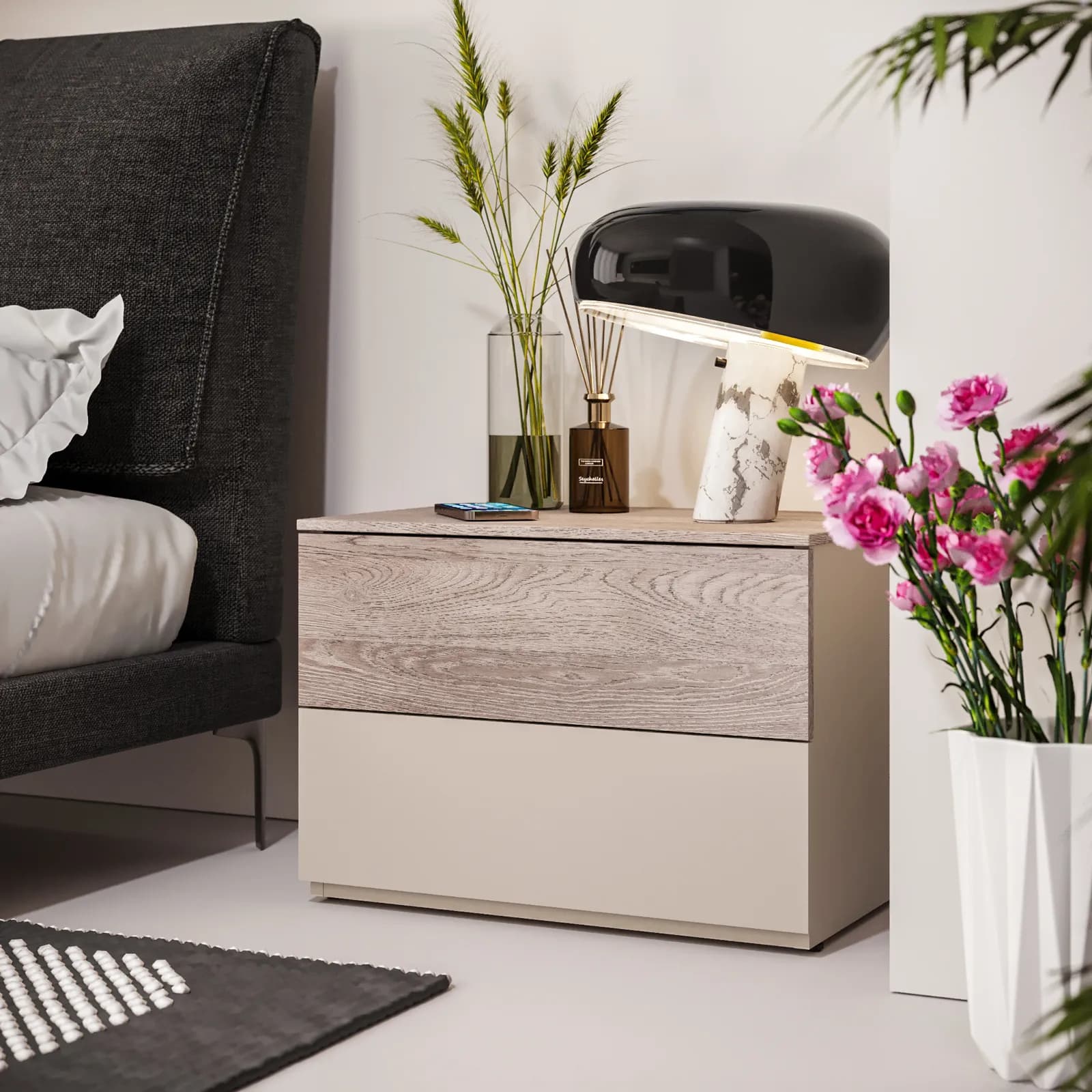 Comodino 60x43h cm cashmere opaco e rovere gessato con 2 cassetti - Noiba