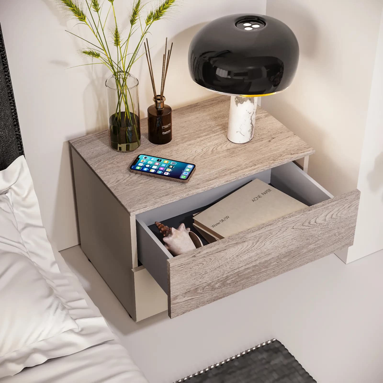 Comodino 60x43h cm cashmere opaco e rovere gessato con 2 cassetti - Noiba