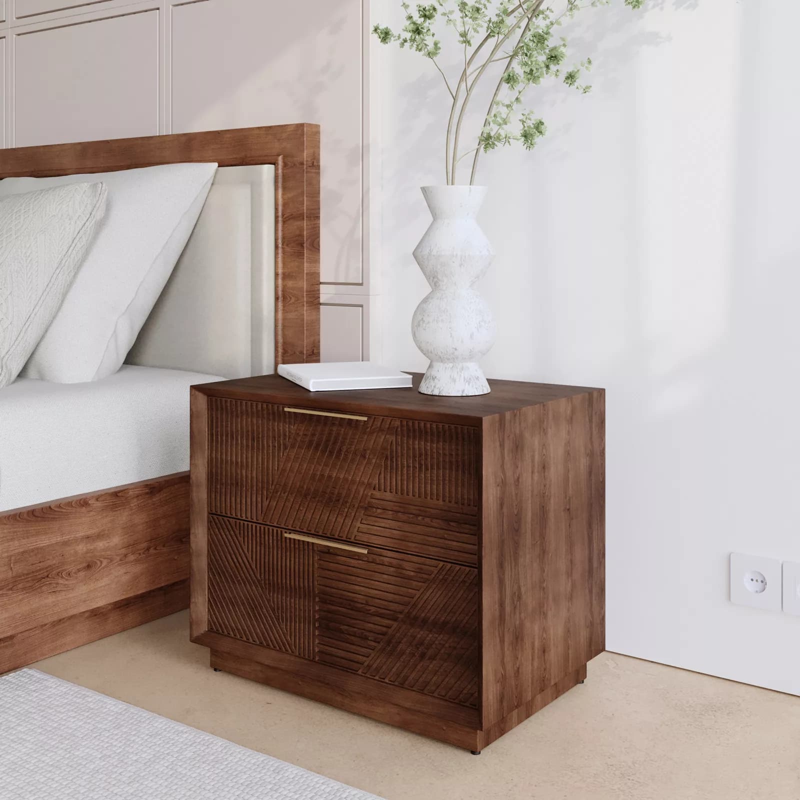 Comodino 60 cm in legno di mango cannettato - Maltese
