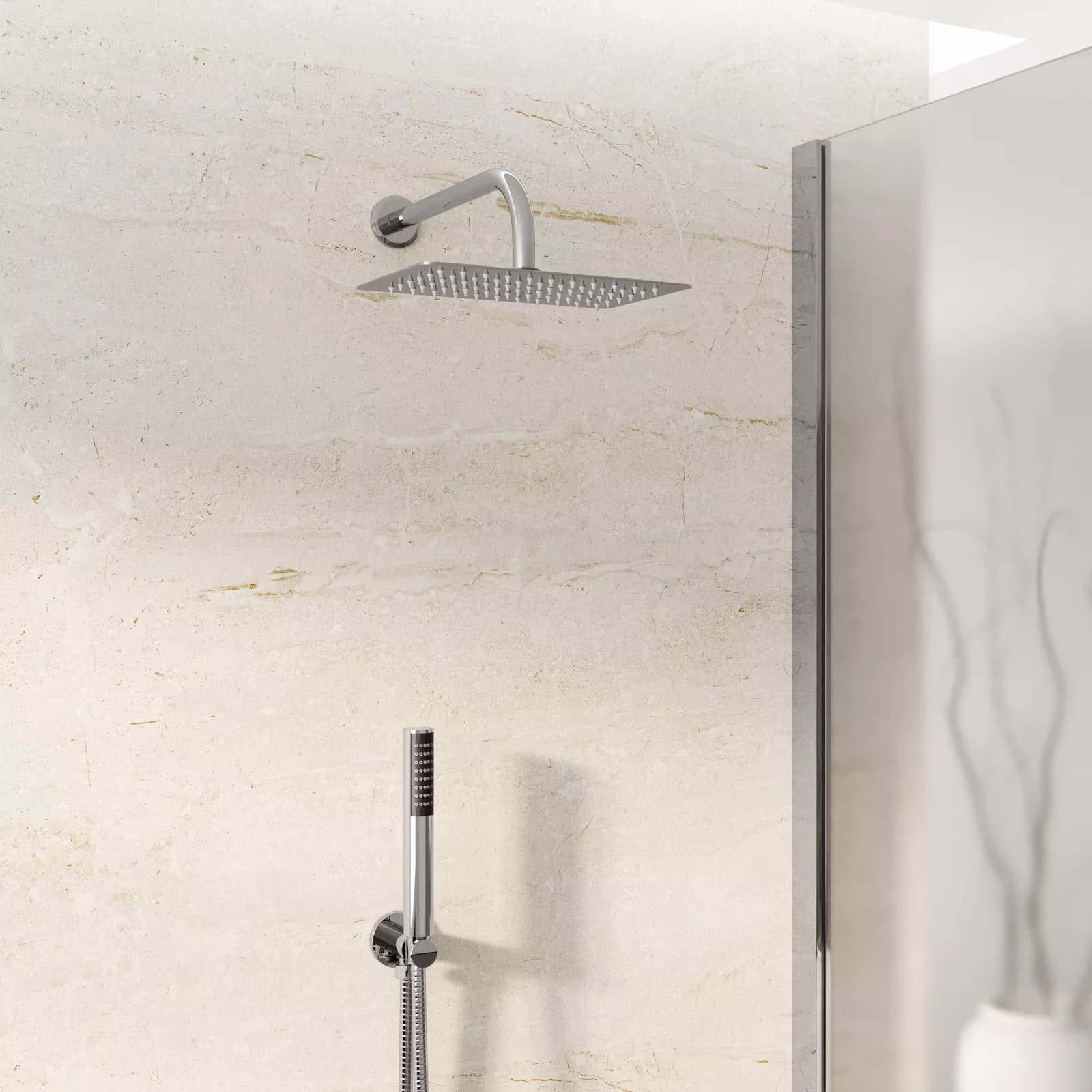 Composizione doccia con braccio 28 cm, soffione 25x15 e doccino con flessibile