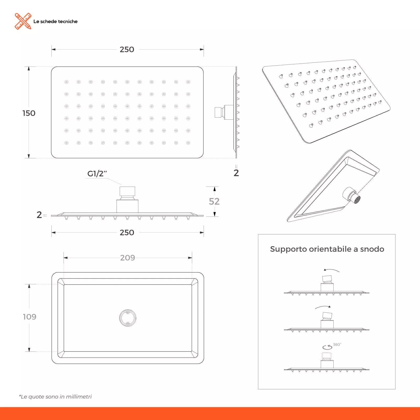 Composizione doccia con braccio 28 cm, soffione 25x15 e doccino con flessibile