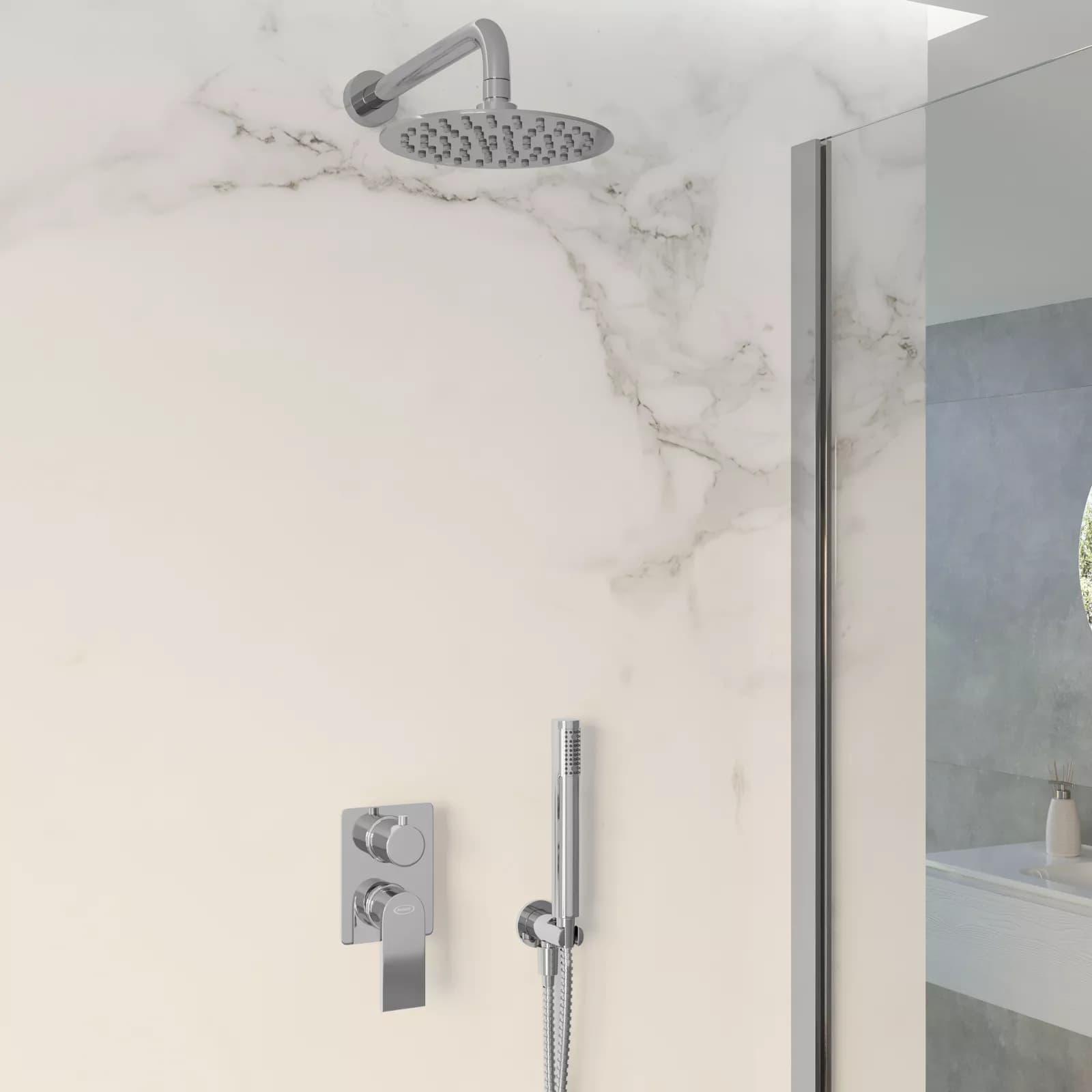 Composizione doccia Jacuzzi - Rubinetteria Plaza con braccio soffione doccino e miscelatore con deviatore