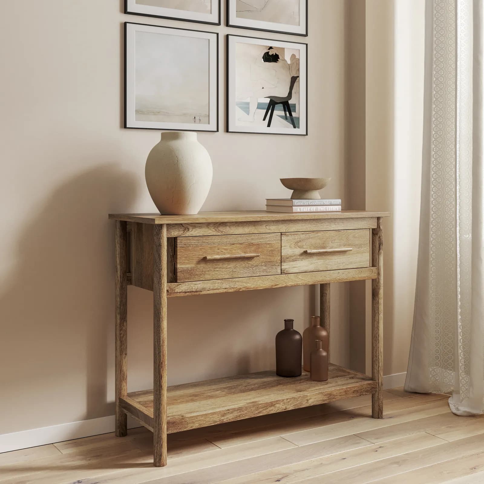 Consolle 100x80h cm legno di mango naturale con 2 cassetti e ripiano - Eclisse