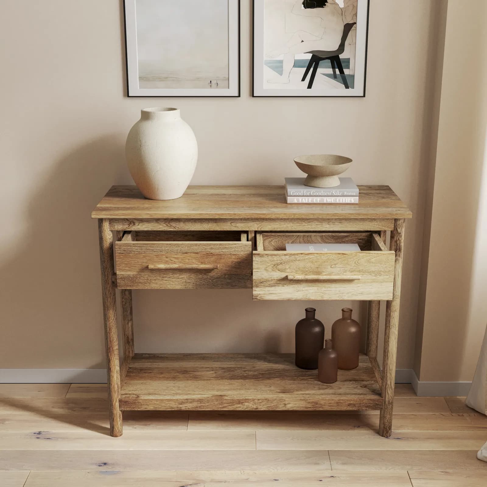 Consolle 100x80h cm legno di mango naturale con 2 cassetti e ripiano - Eclisse