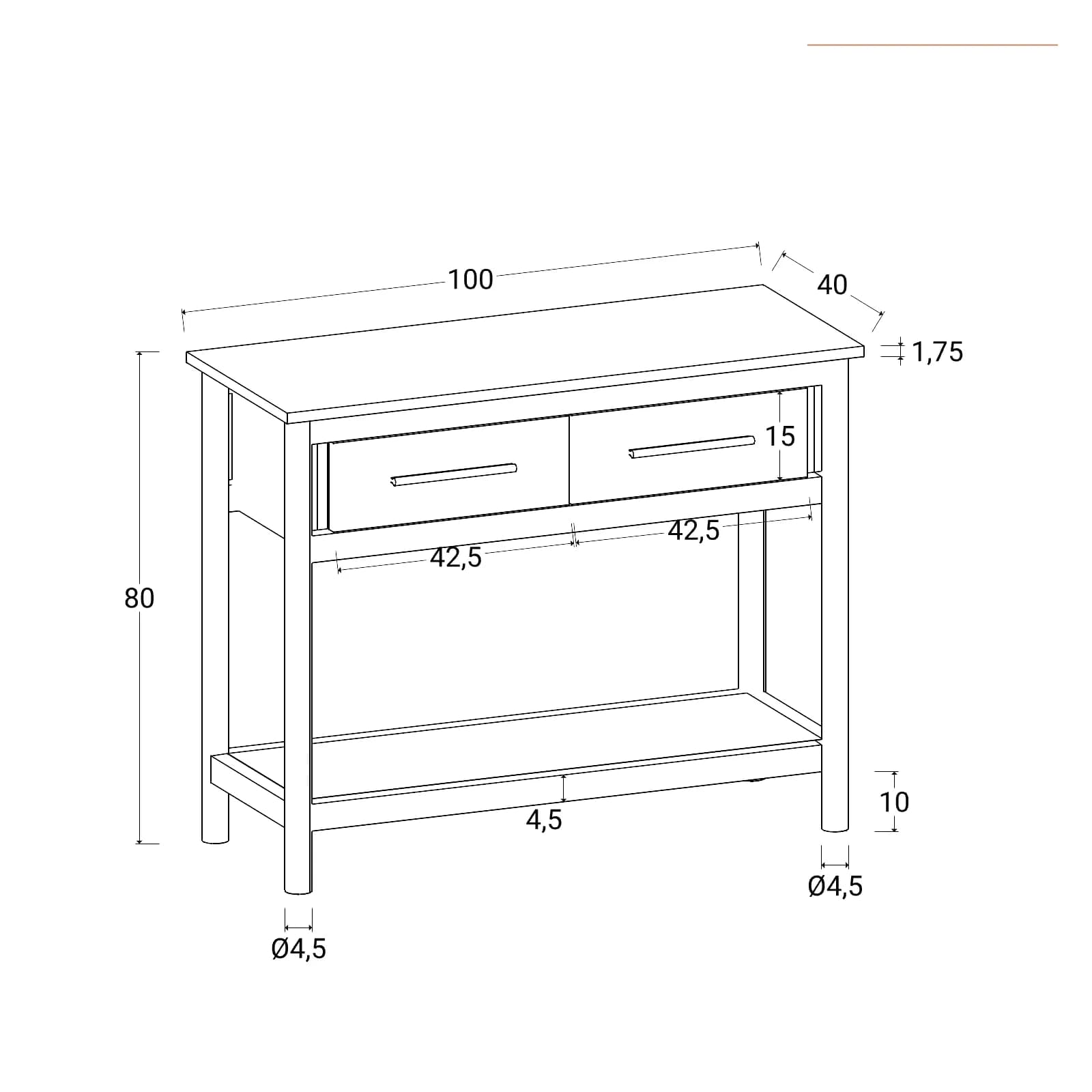 Consolle 100x80h cm legno di mango naturale con 2 cassetti e ripiano - Eclisse