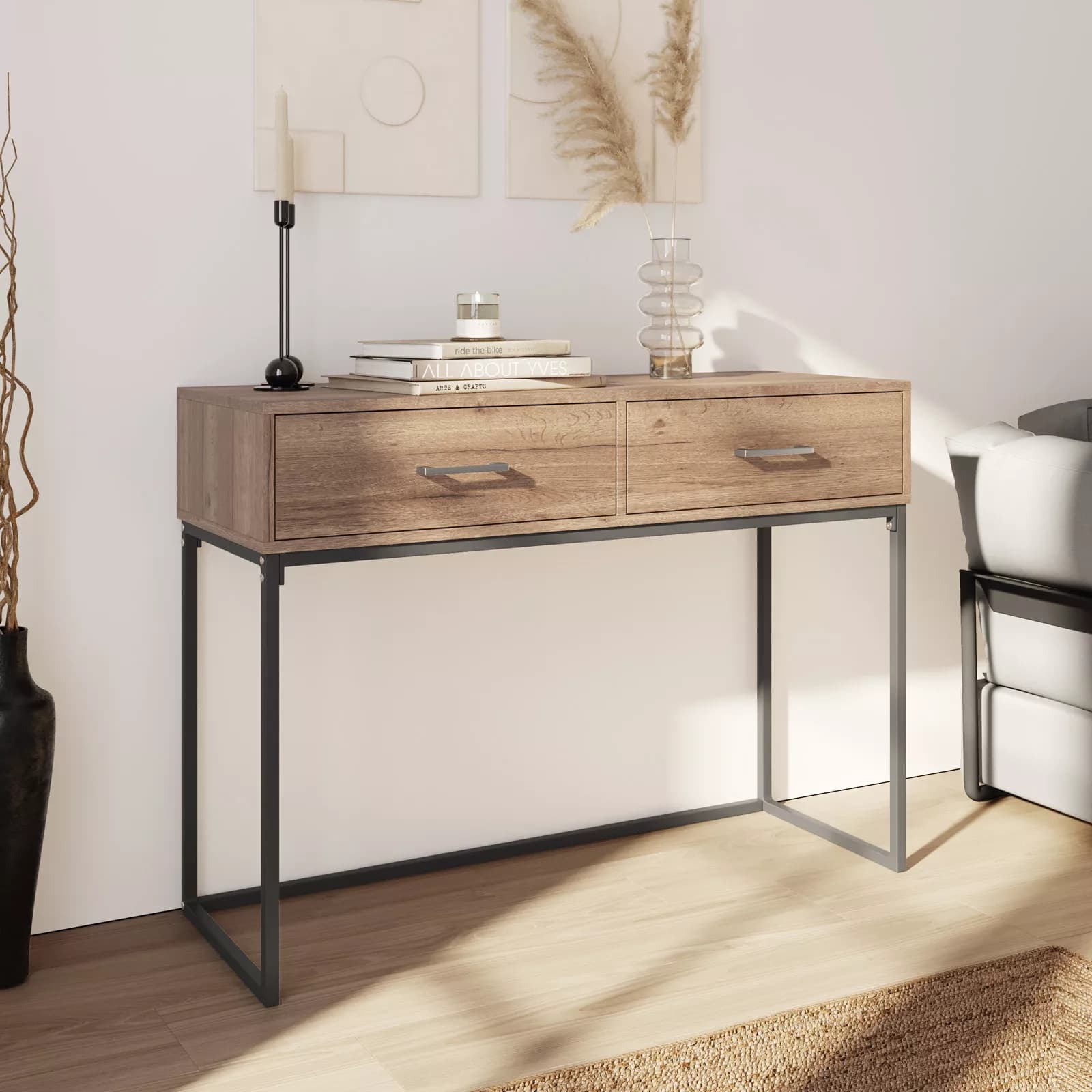 Consolle 110x80h cm in legno rovere e grigio con due cassetti - Tod