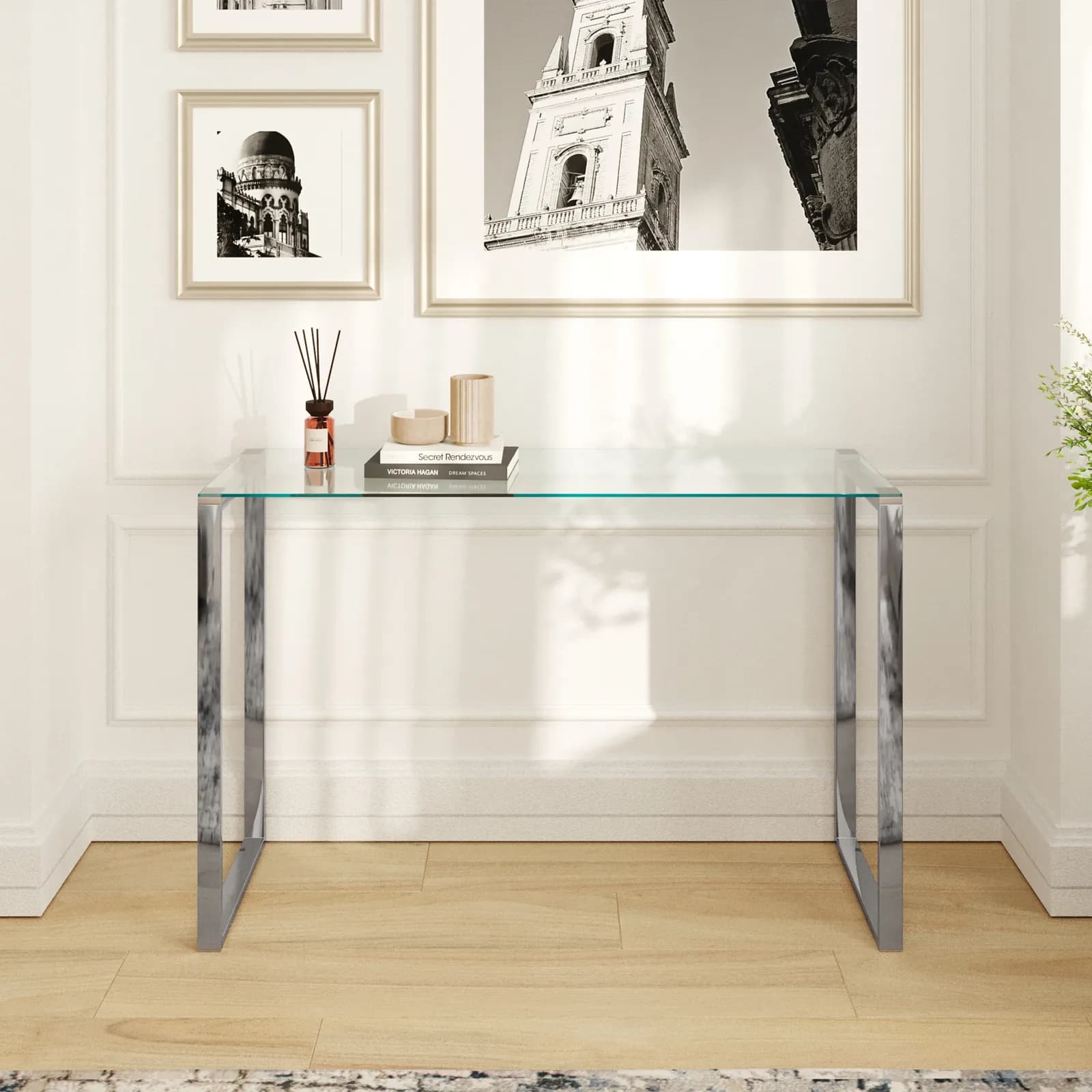 Consolle 120x74h cm in acciaio con piano in vetro - Guvia