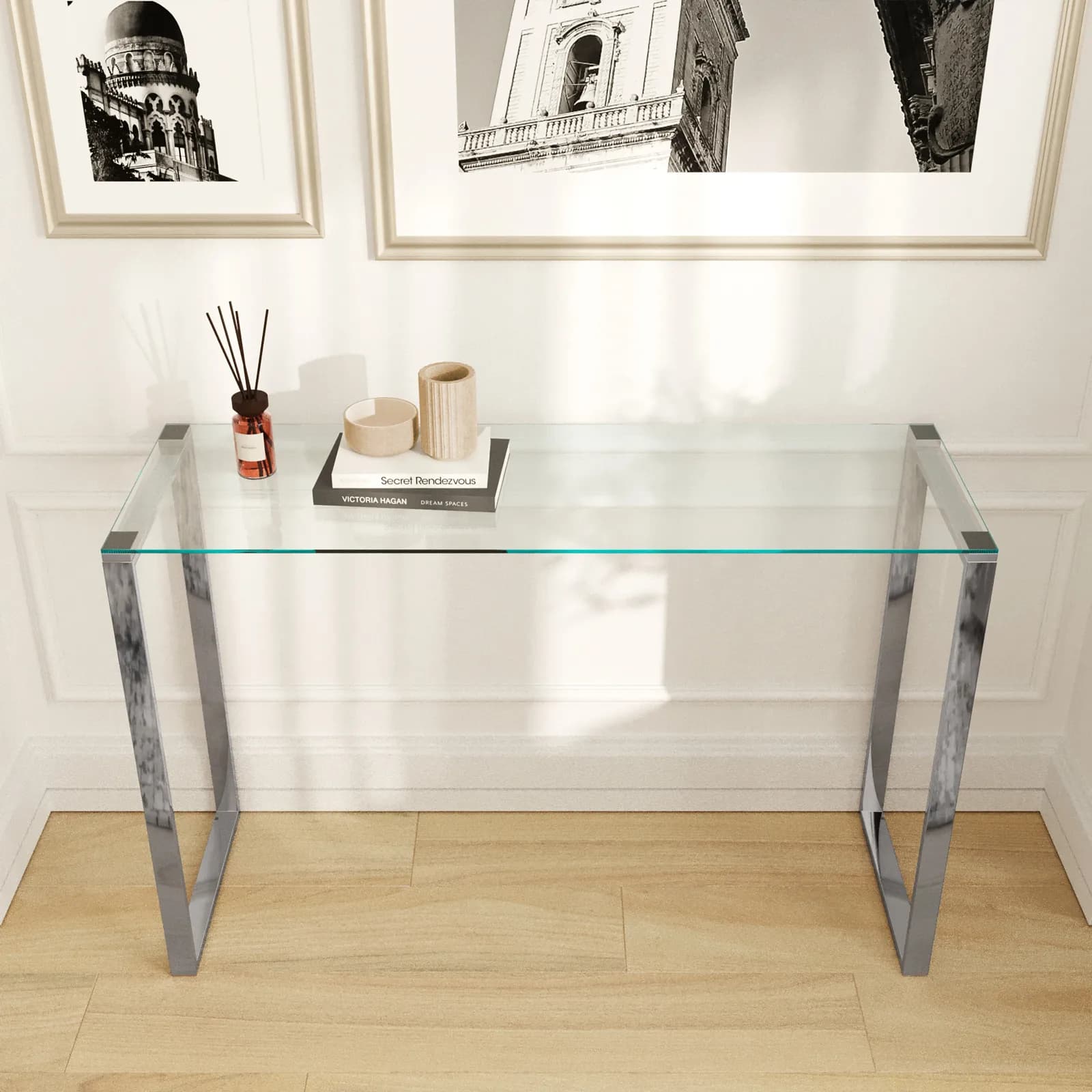 Consolle 120x74h cm in acciaio con piano in vetro - Guvia