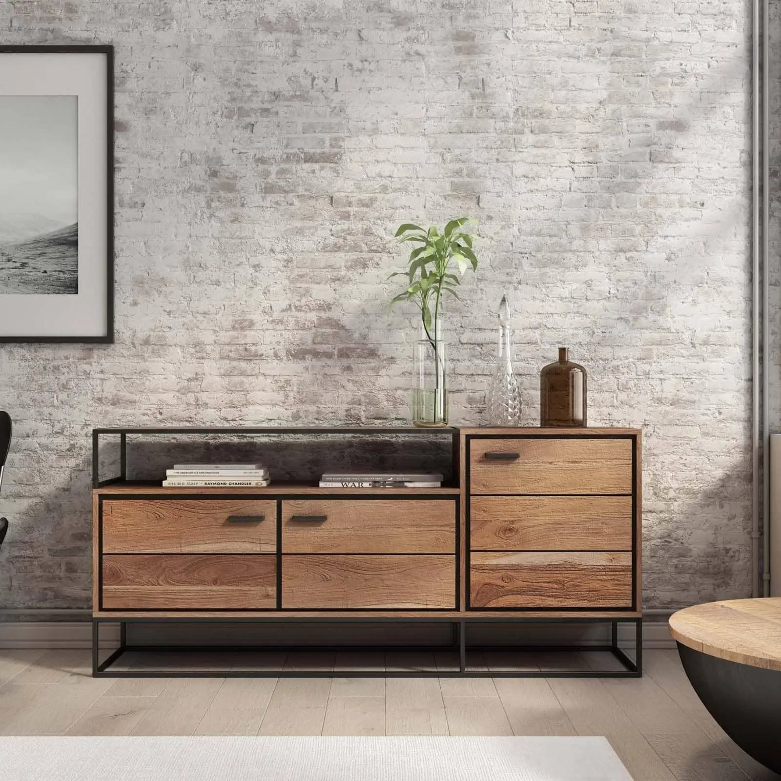 Madia 175x77h cm in legno di acacia e metallo con 3 ante - Freia Acacia