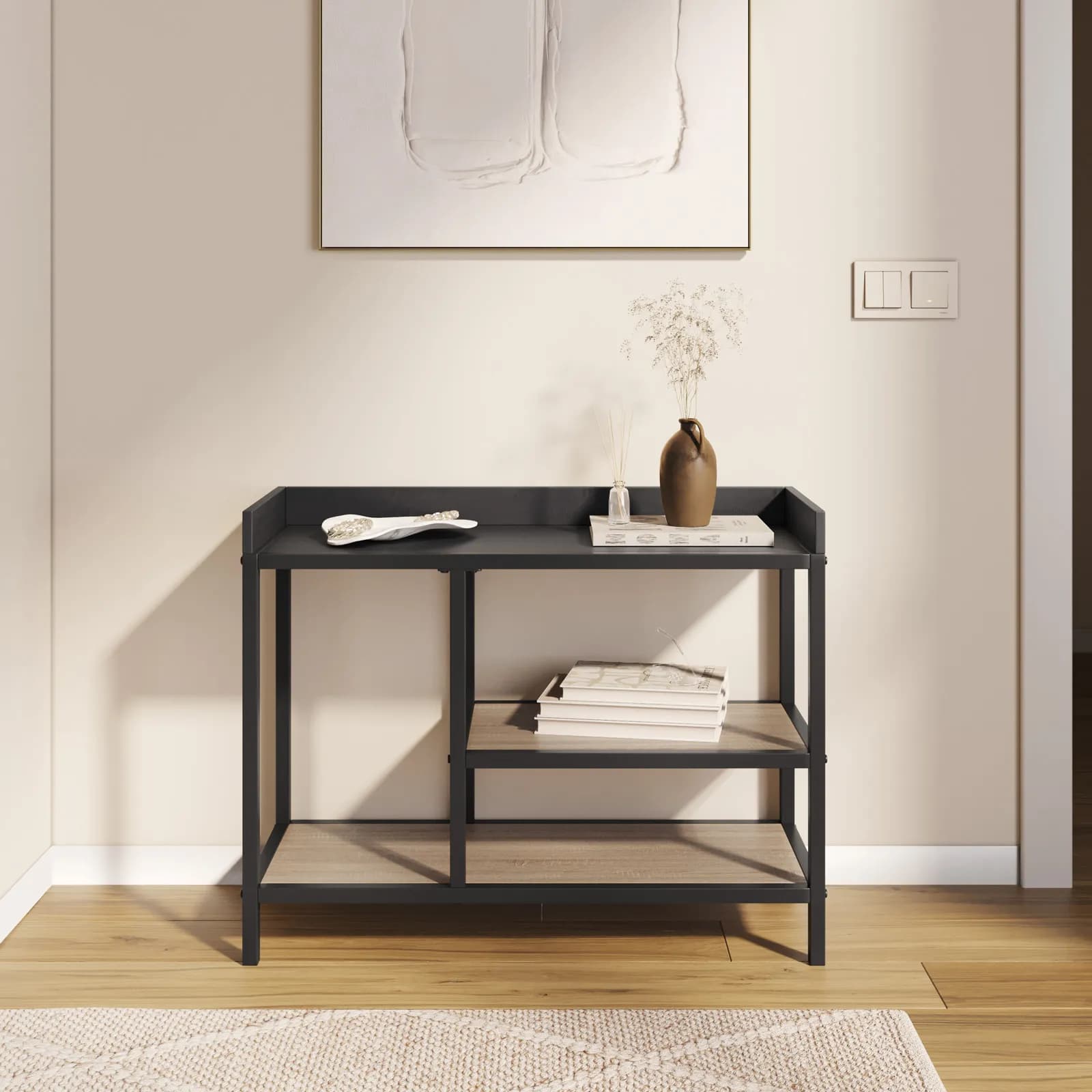 Consolle 80x62h cm effetto rovere grano e metallo nero con ripiani - Puton