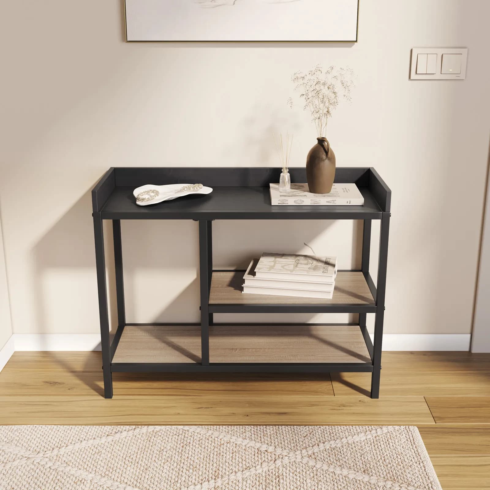 Consolle 80x62h cm effetto rovere grano e metallo nero con ripiani - Puton