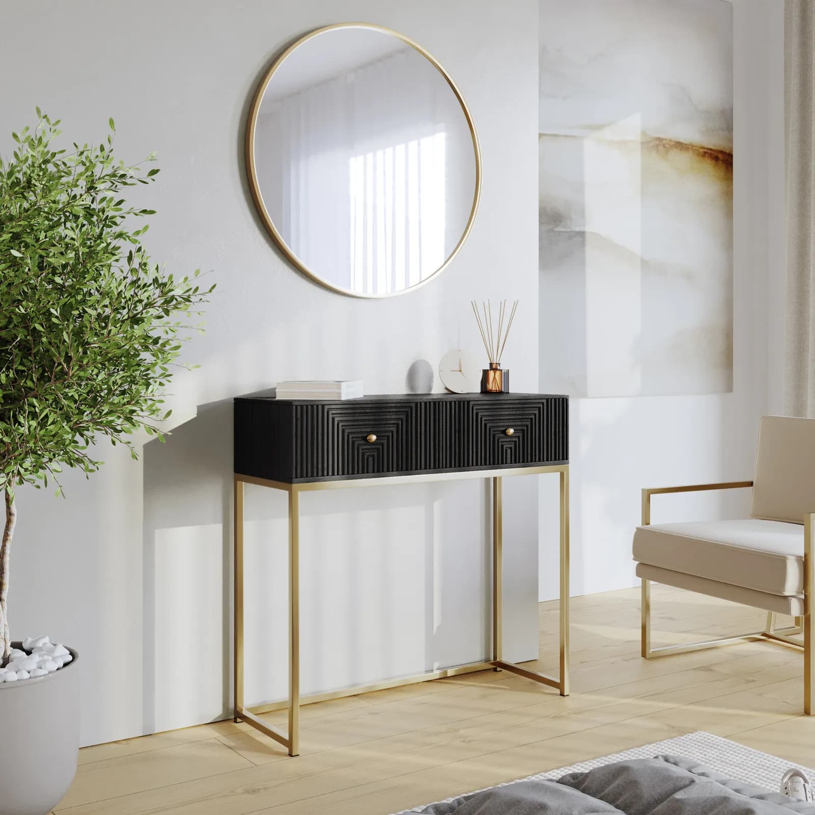 Consolle 90x86 cm in legno di mango nero cannettato e metallo oro - Dunkel