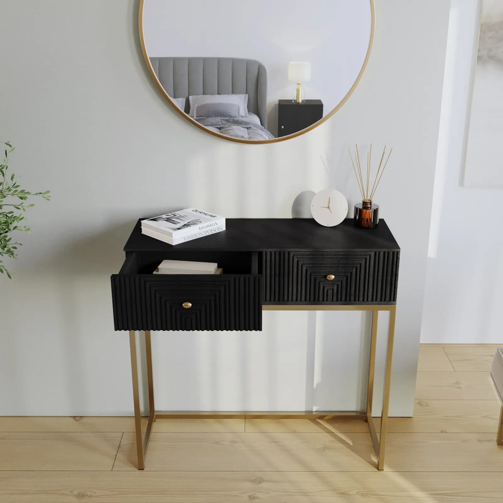 Consolle 90x86 cm in legno di mango nero cannettato e metallo oro - Dunkel