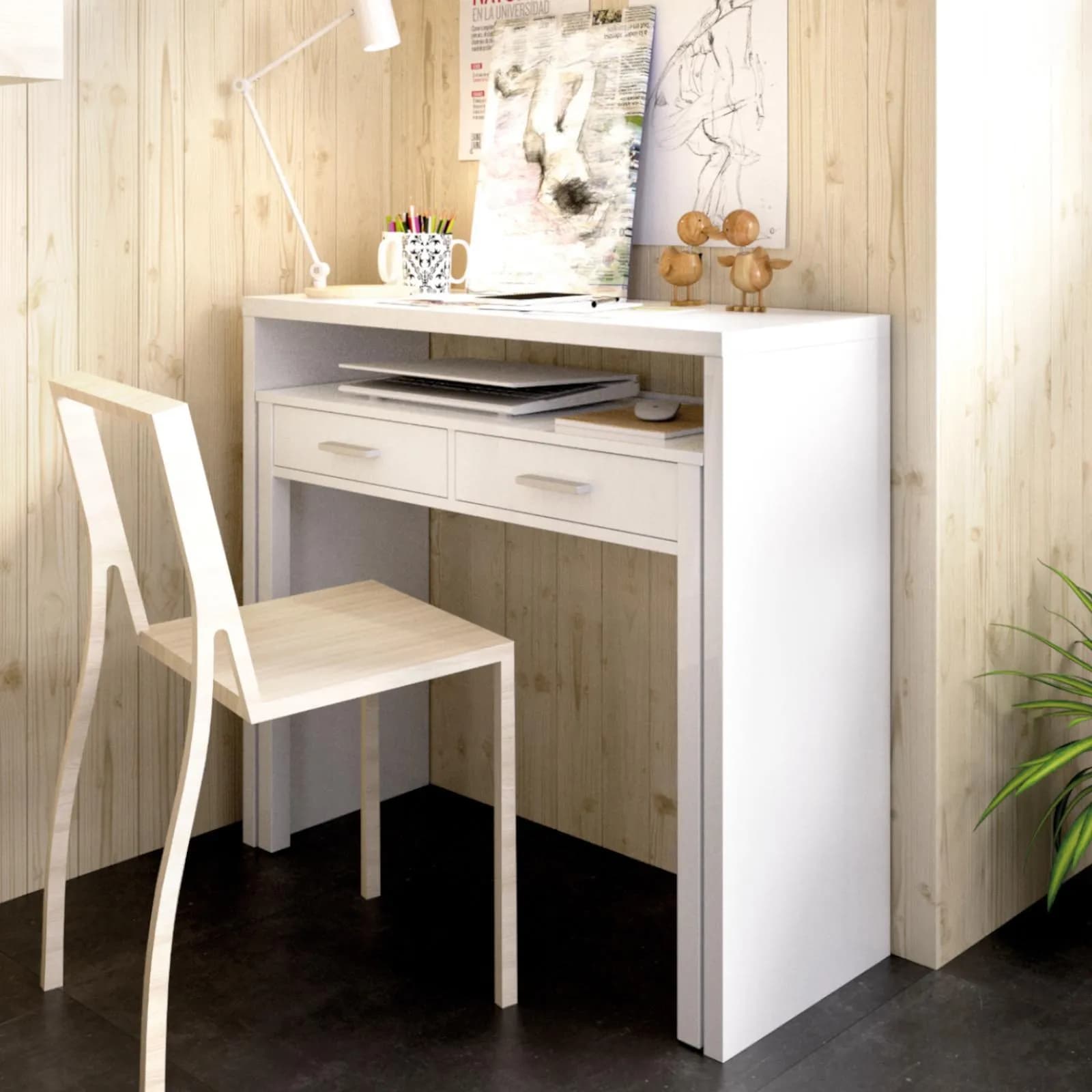 Consolle con scrivania estraibile 99x36-70 cm in legno bianco lucido - Savage