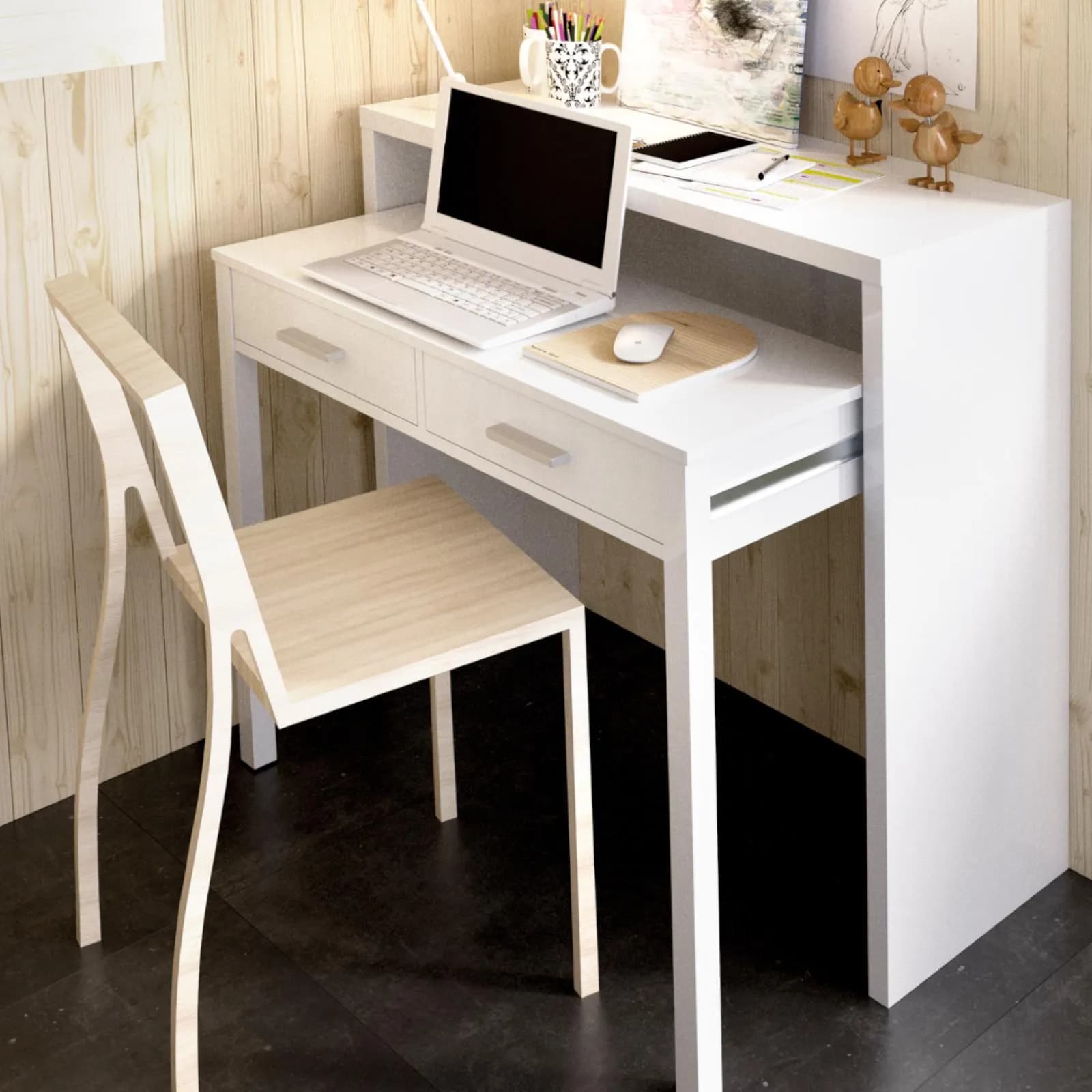 Consolle con scrivania estraibile 99x36-70 cm in legno bianco lucido - Savage