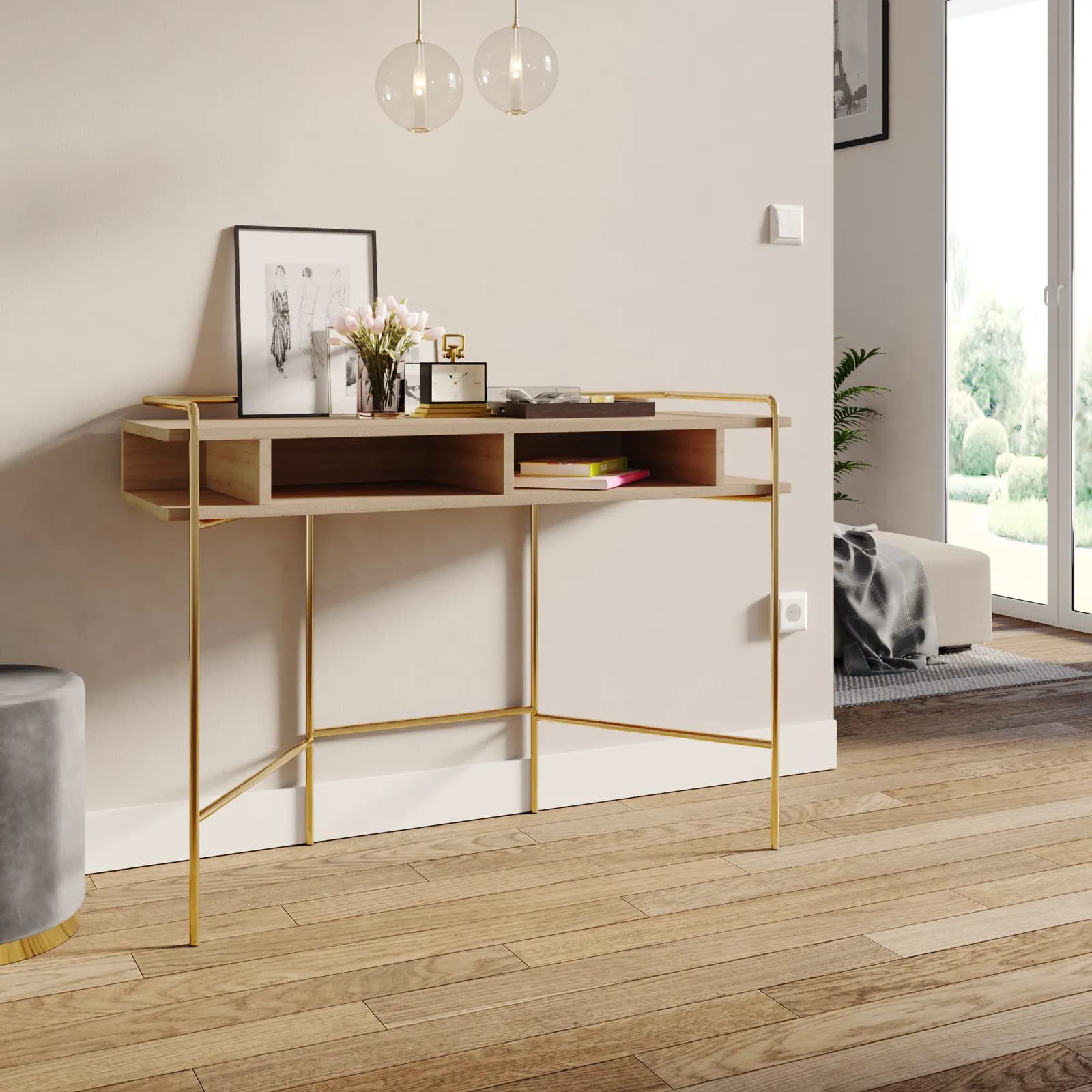 Consolle 110cm con piano in legno rovere e struttura in metallo oro - Nevil