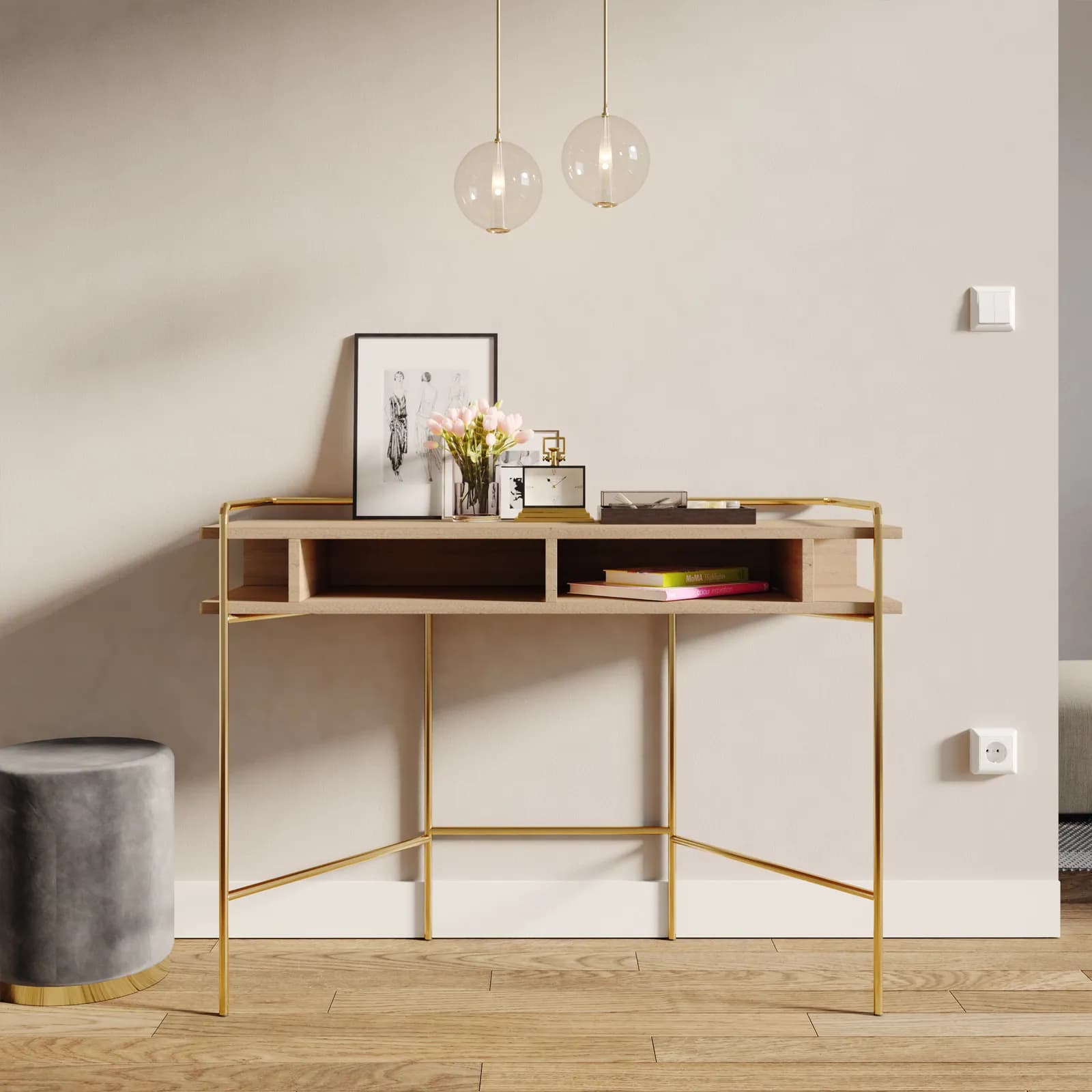 Consolle 110cm con piano in legno rovere e struttura in metallo oro - Nevil