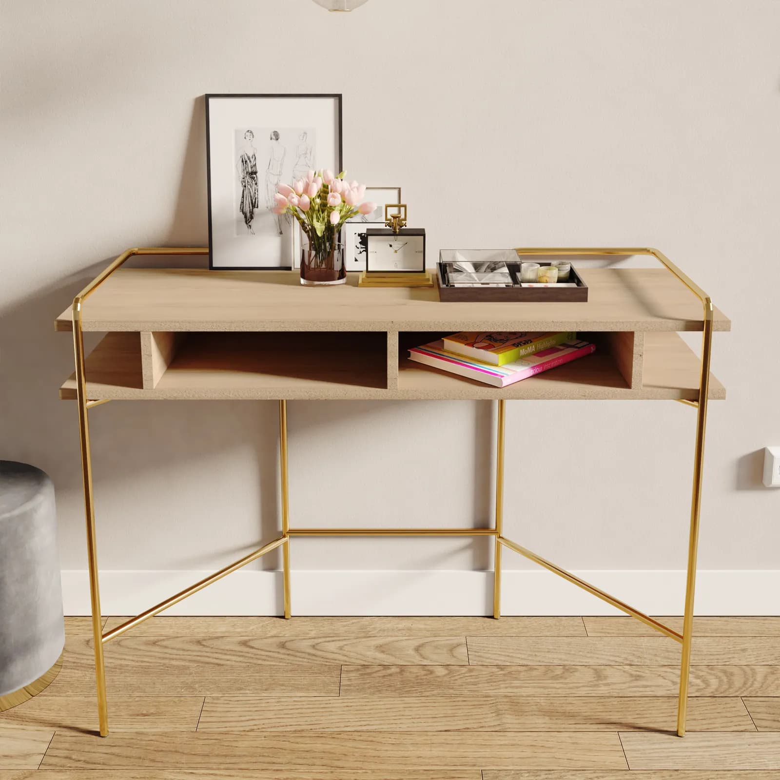 Consolle 110cm con piano in legno rovere e struttura in metallo oro - Nevil