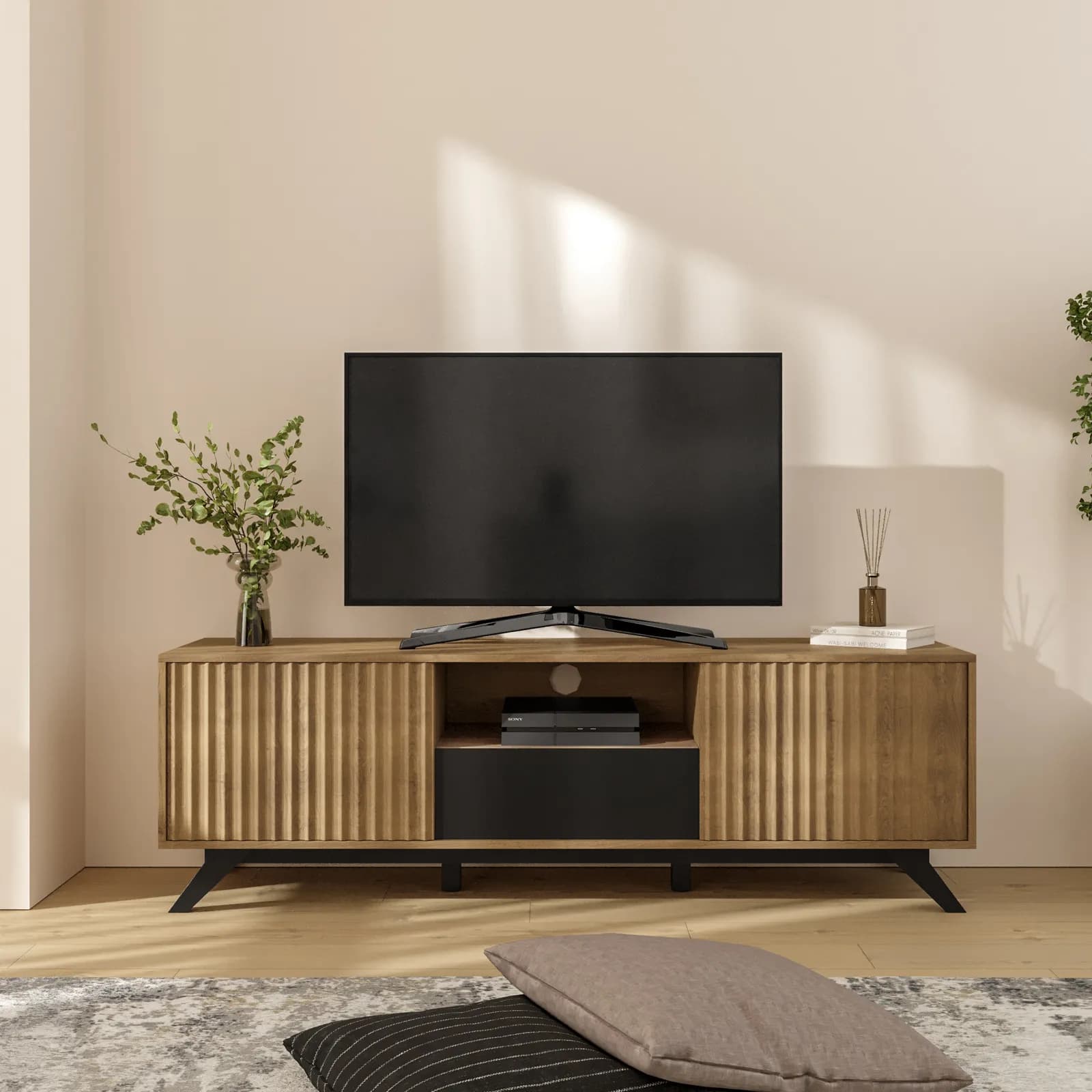 Mobile porta tv 160x51h cm in legno rovere horizon con ante scorrevoli cannettate - Unity
