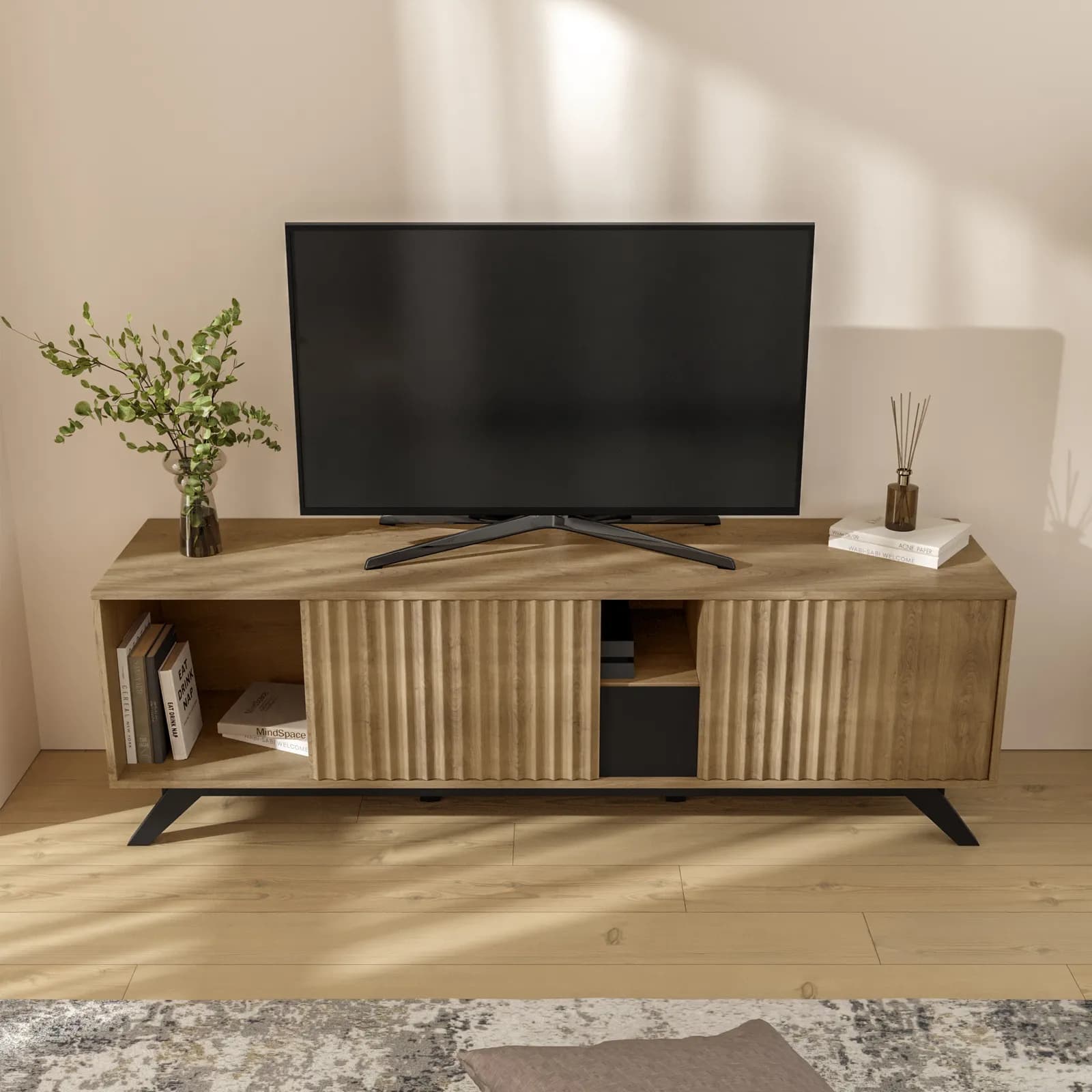 Mobile porta tv 160x51h cm in legno rovere horizon con ante scorrevoli cannettate - Unity