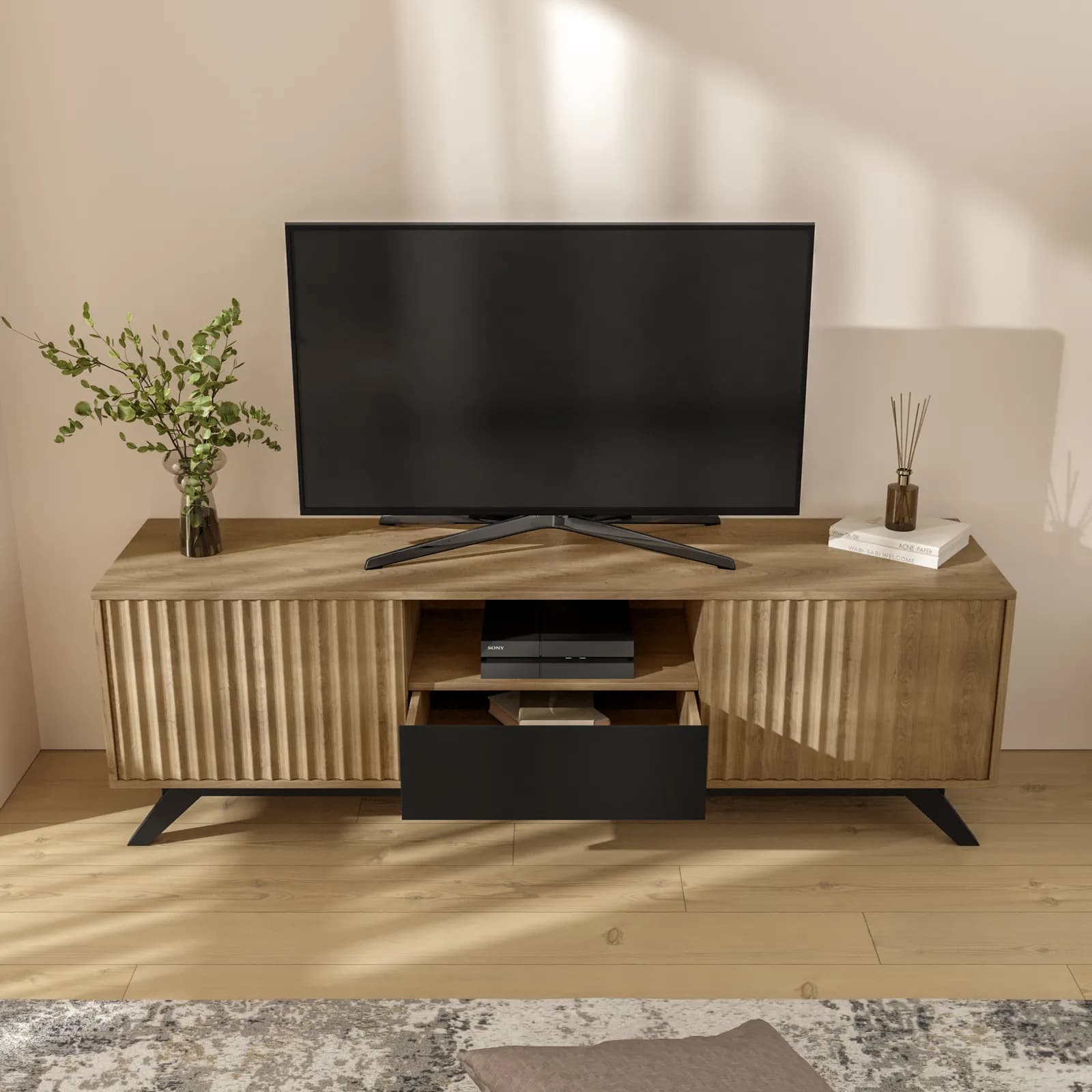 Mobile porta tv 160x51h cm in legno rovere horizon con ante scorrevoli cannettate - Unity
