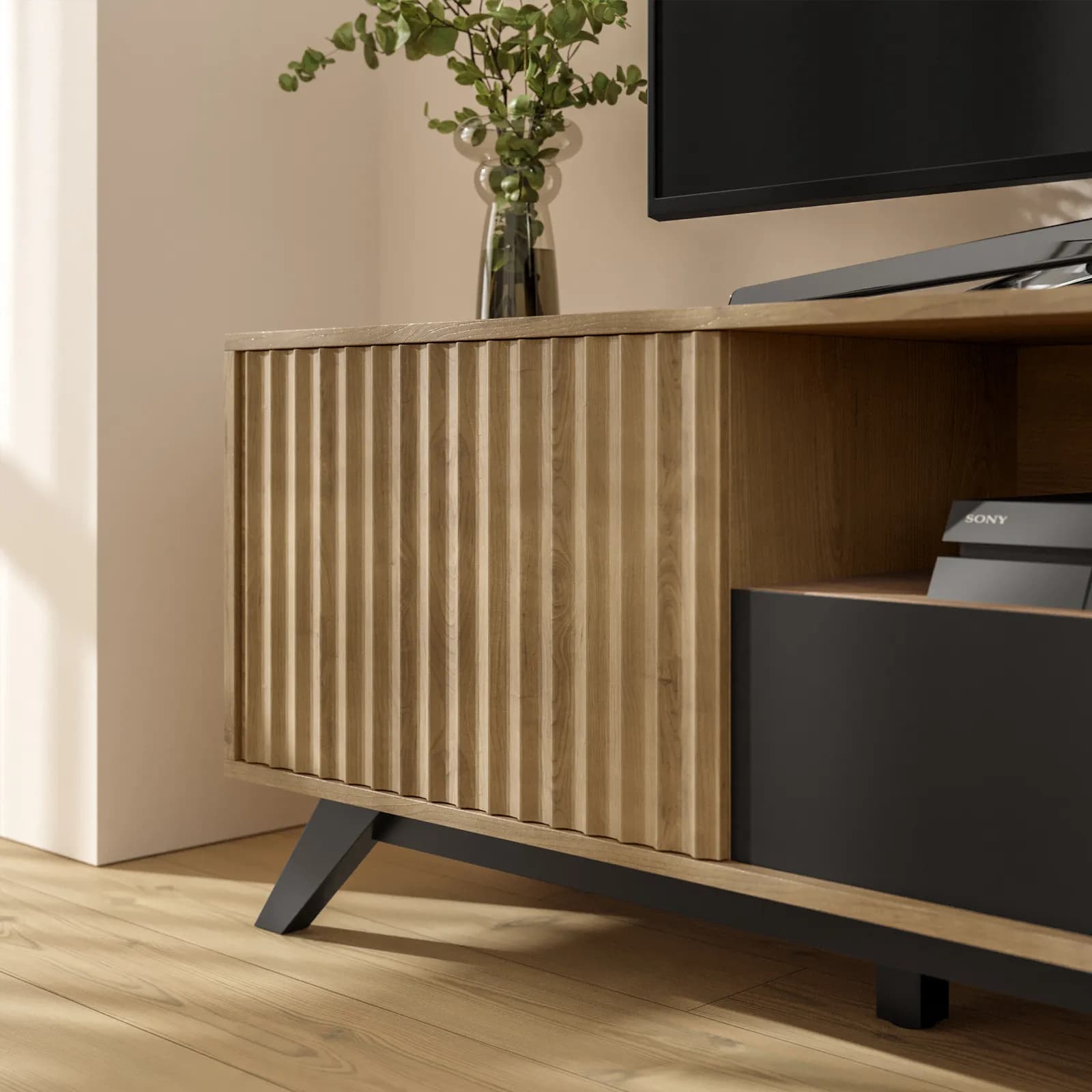 Mobile porta tv 160x51h cm in legno rovere horizon con ante scorrevoli cannettate - Unity