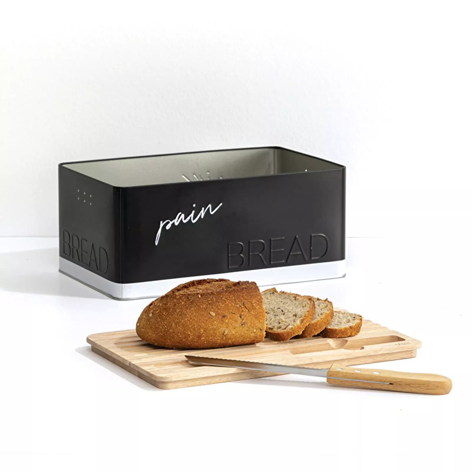 Contenitore per pane 33x15h cm in metallo nero e legno naturale con coltello e tagliere