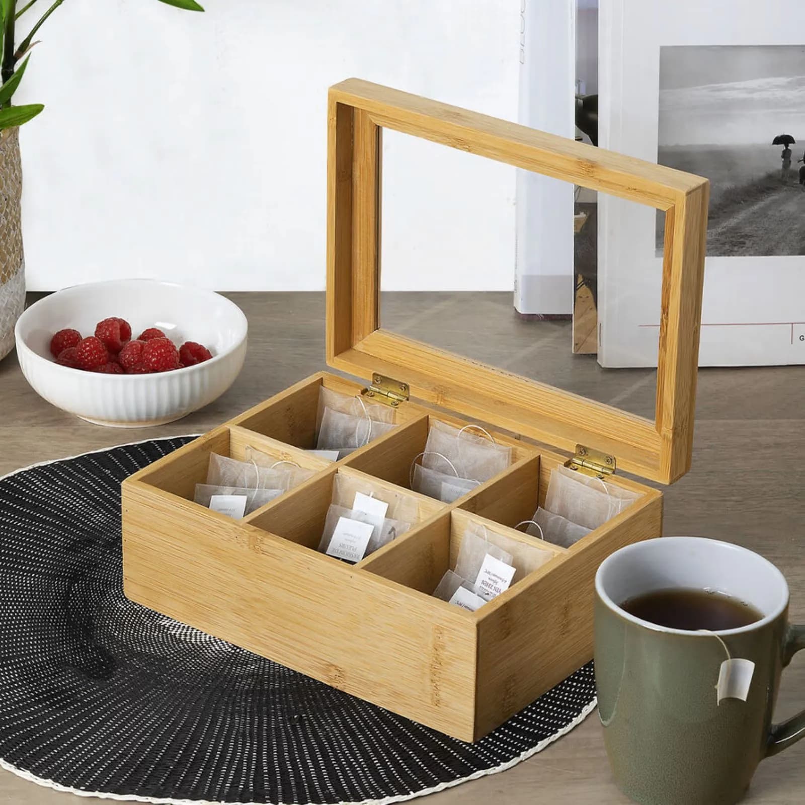 Contenitore per thé 22x16 cm in legno di bambù naturale con 6 scomparti