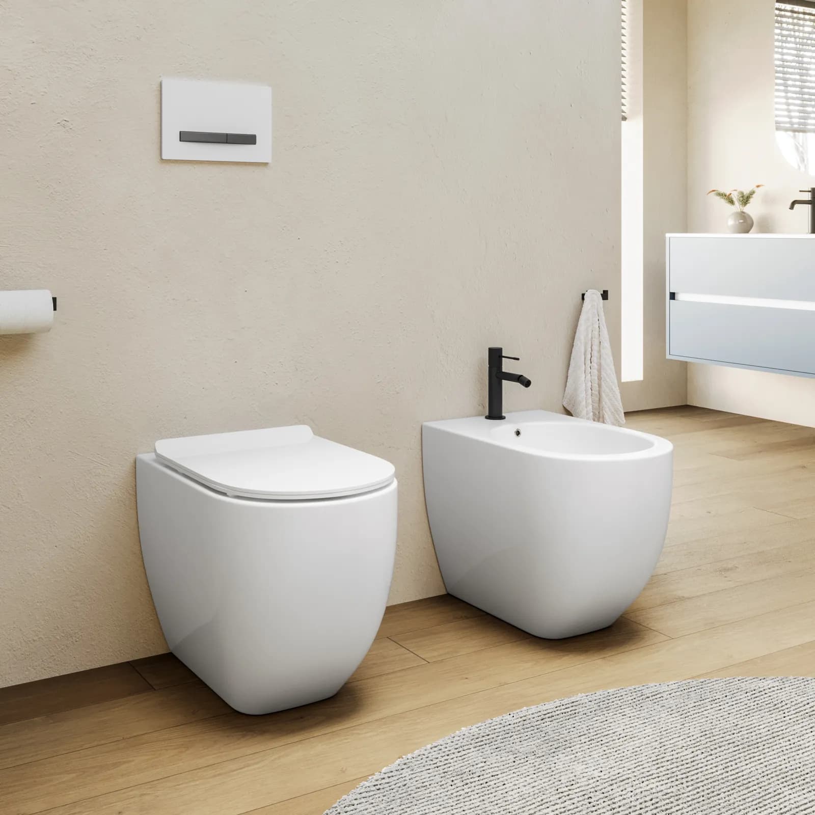 Coppia di sanitari filomuro in ceramica rimless e scarico ciclonico con copriwc softclose - Chloe