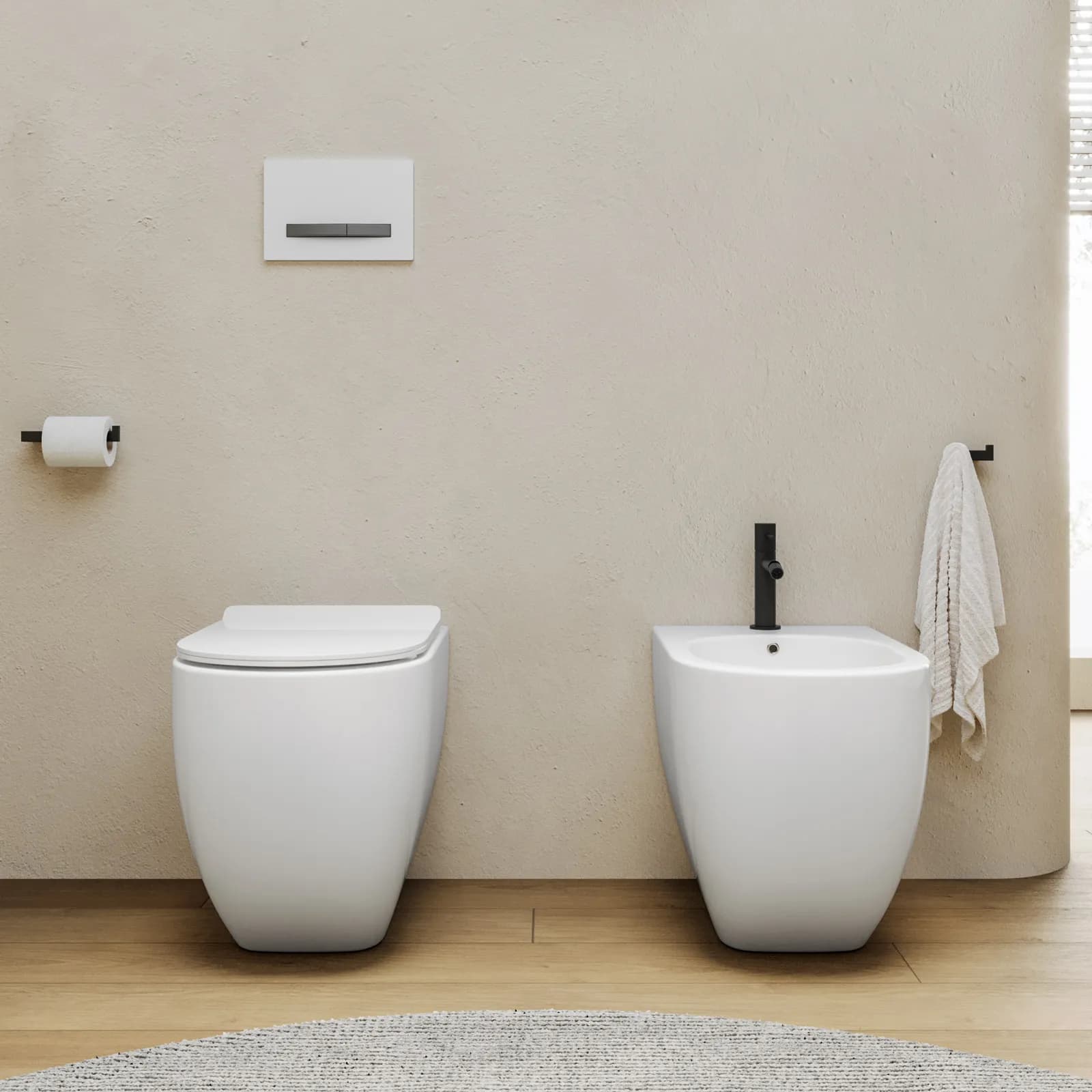 Coppia di sanitari filomuro in ceramica rimless e scarico ciclonico con copriwc softclose - Chloe