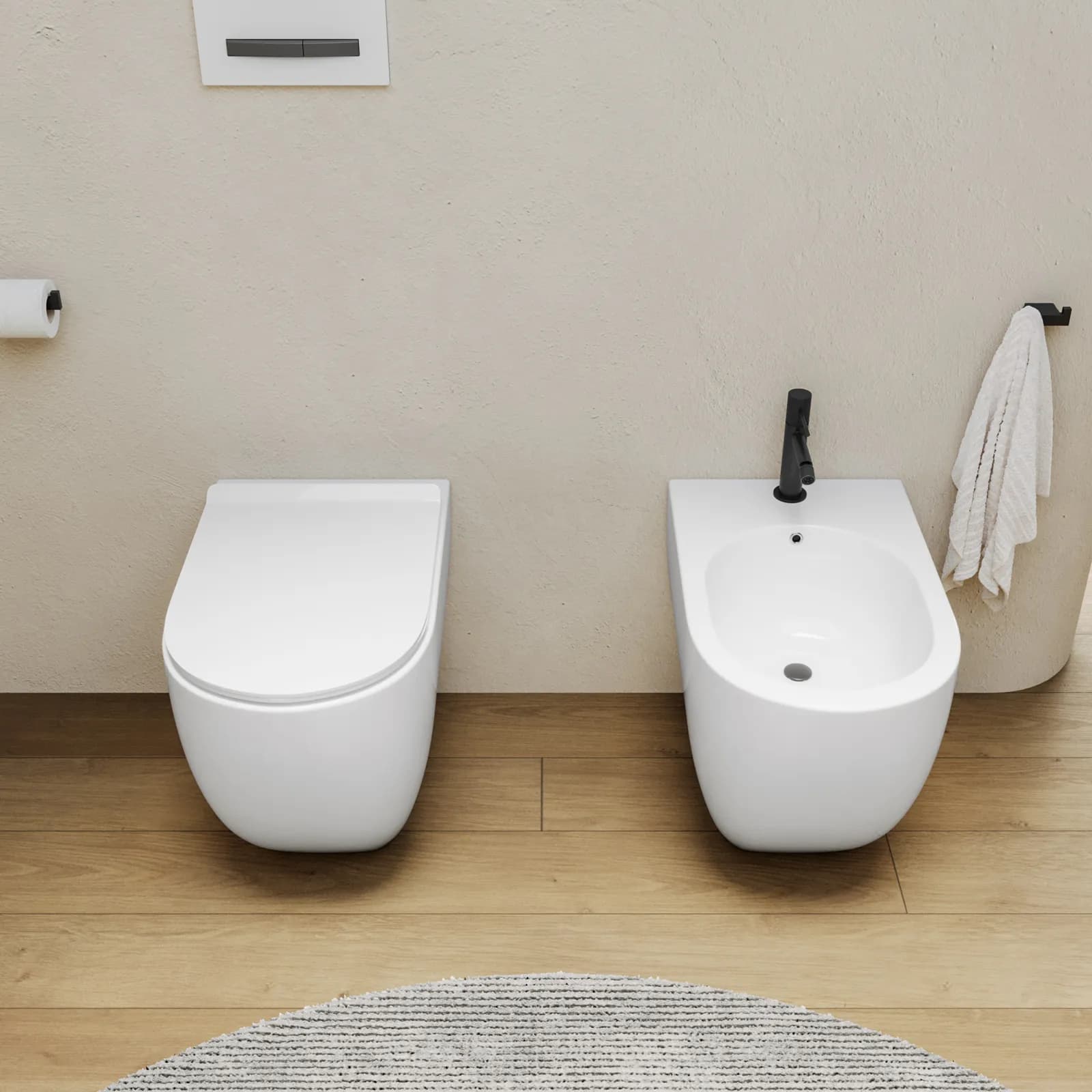 Coppia di sanitari filomuro in ceramica rimless e scarico ciclonico con copriwc softclose - Chloe