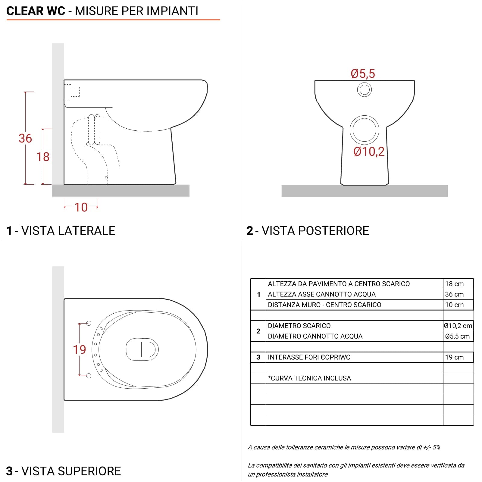 Coppia di sanitari filomuro in ceramica rimless con copriwc softclose - Clear