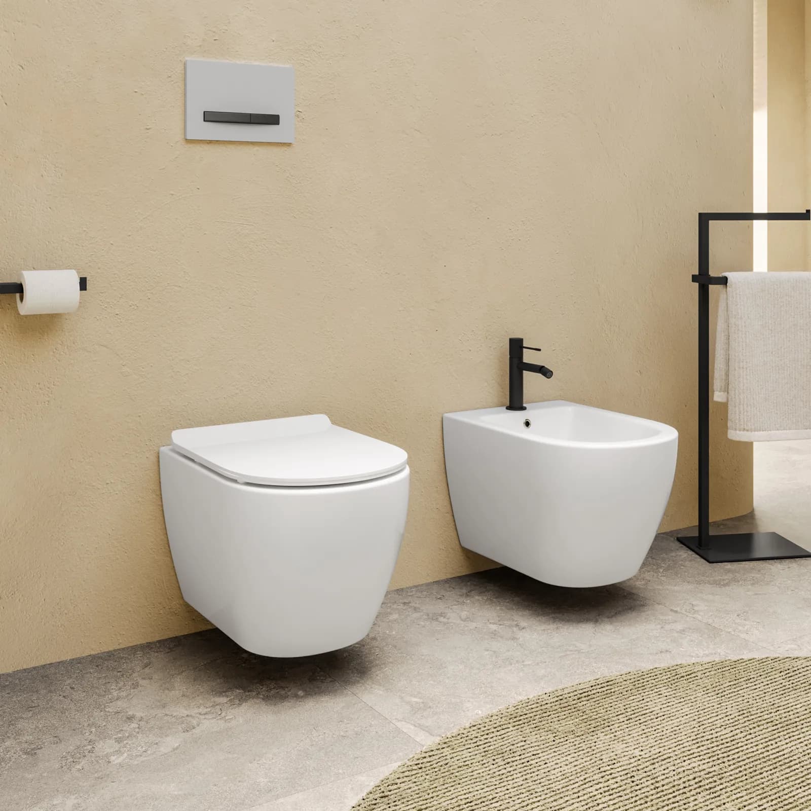 Coppia di sanitari sospesi in ceramica rimless con copriwc softclose - City