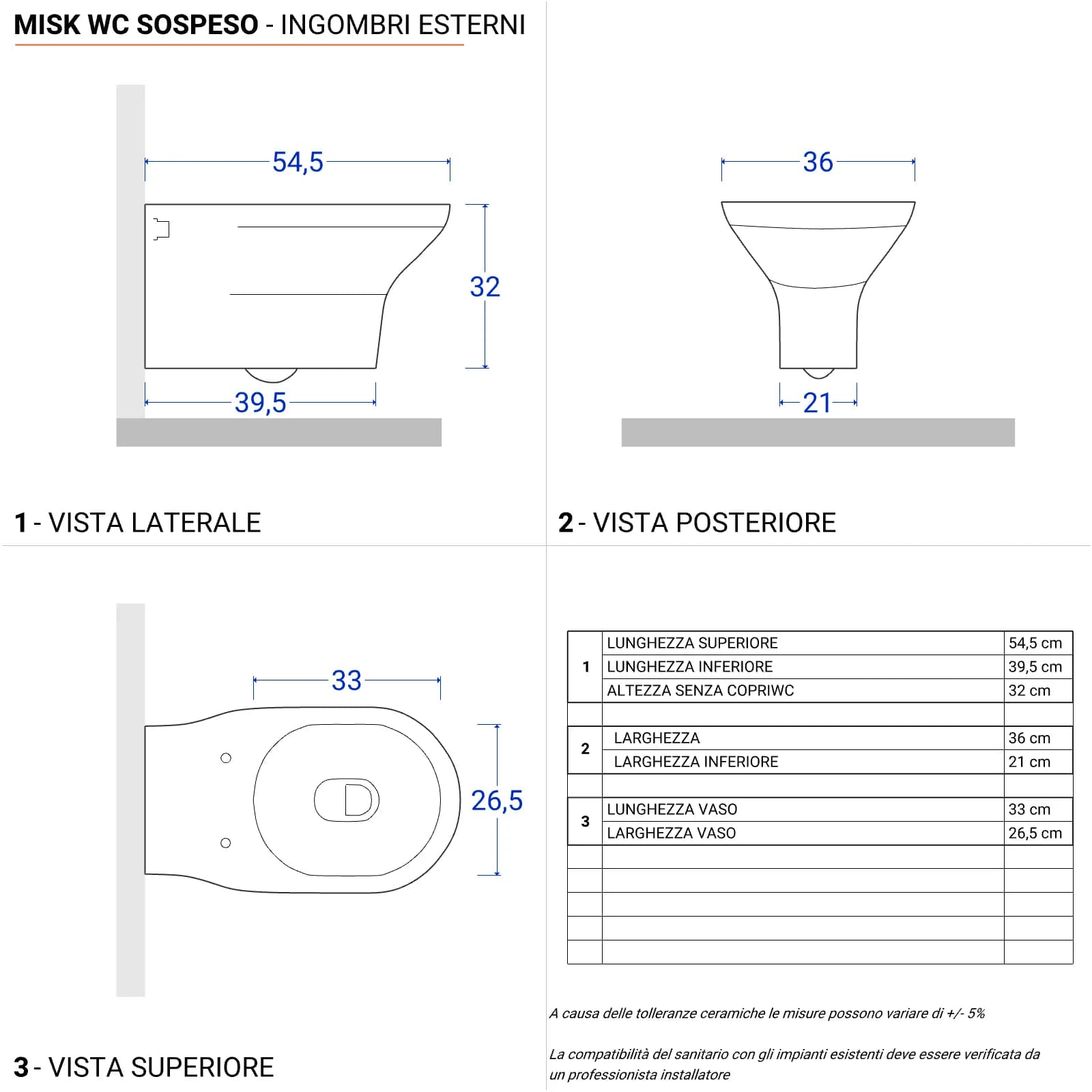 Coppia di sanitari sospesi senza brida con copriwc softclose e kit di fissaggio incluso - Misk