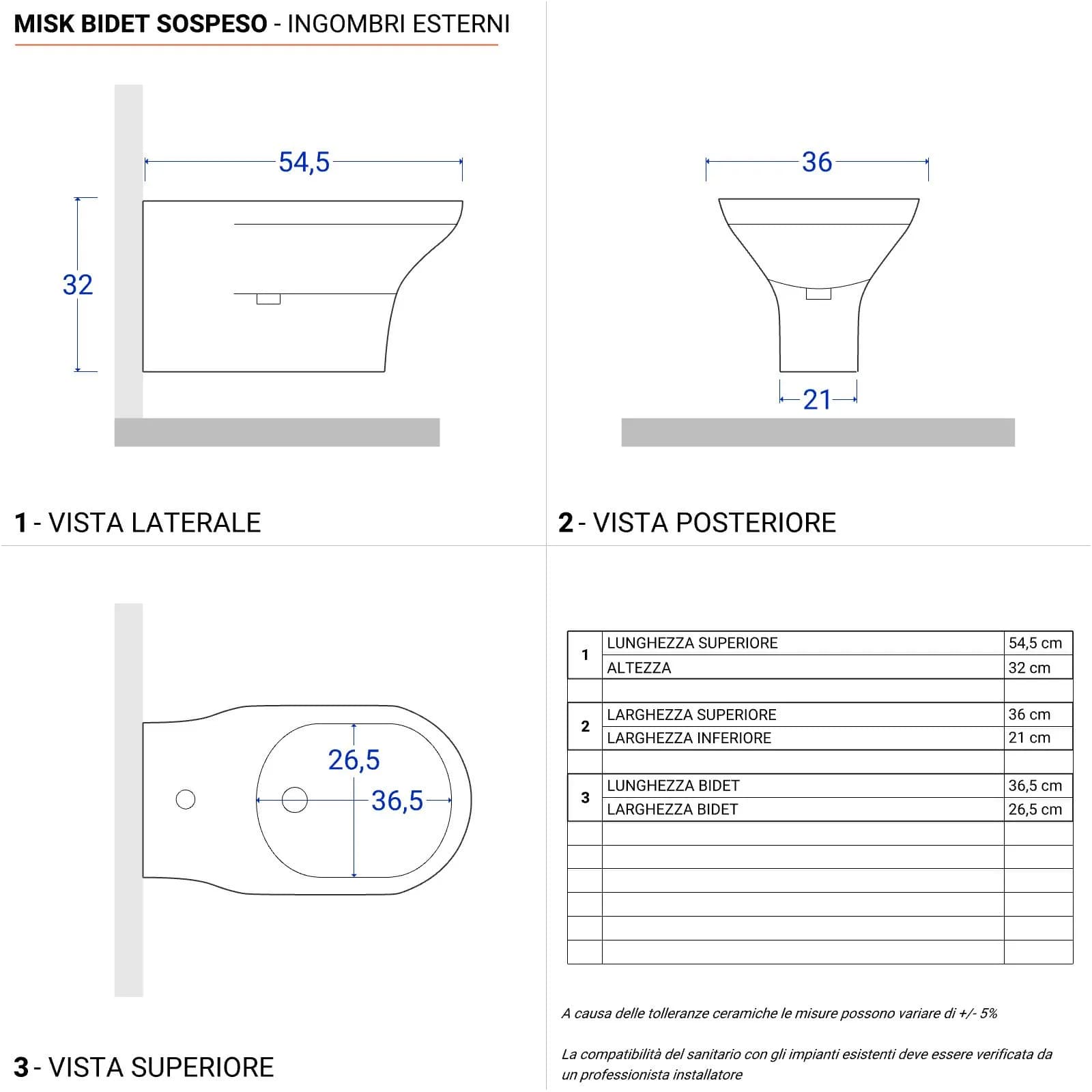 Coppia di sanitari sospesi senza brida con copriwc softclose e kit di fissaggio incluso - Misk