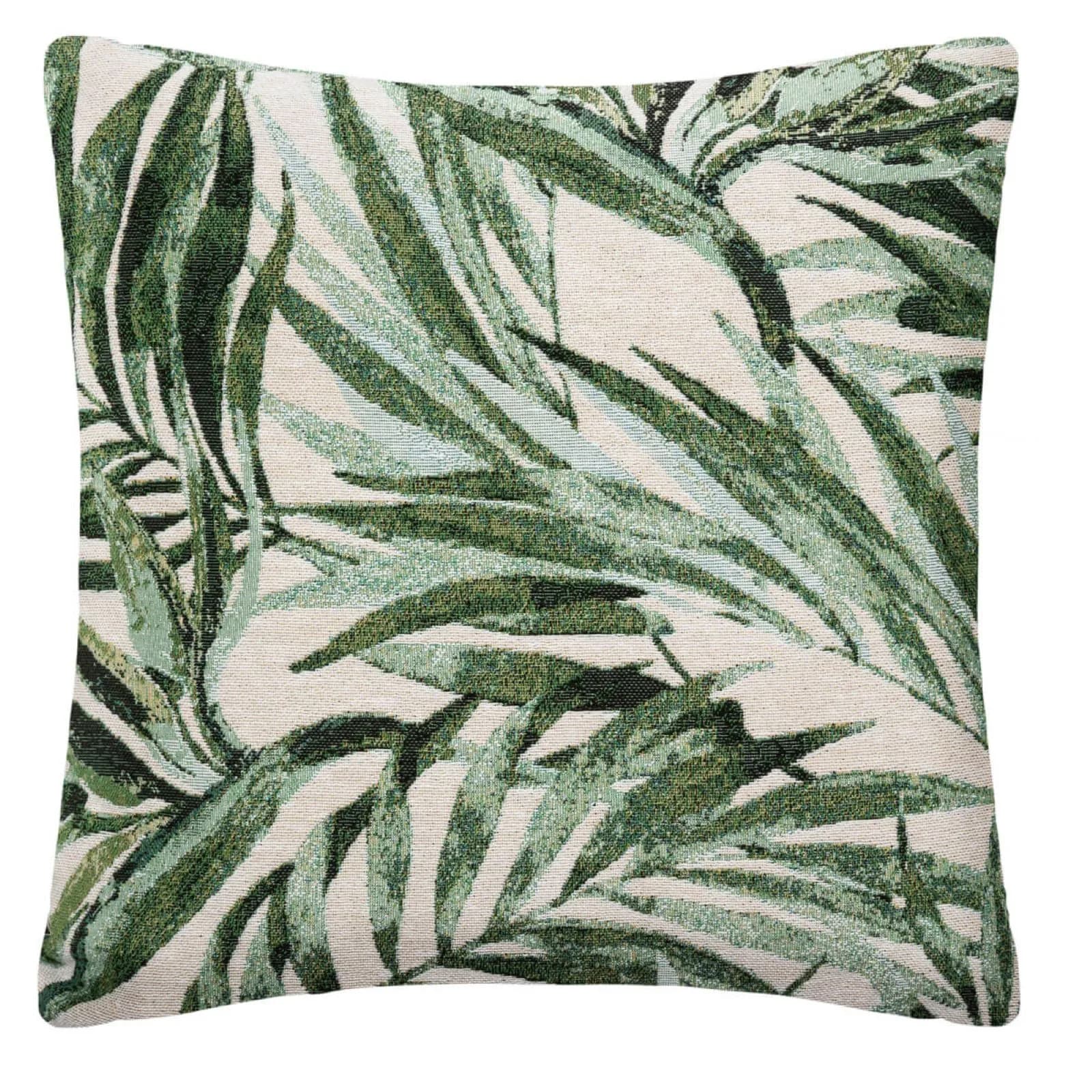 Copricuscino 40x40 cm in tessuto jacquard beige e motivo tropicale verde