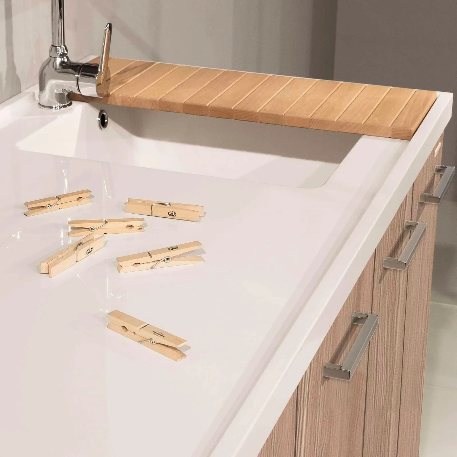 Coprilavatrice sx 120 cm larice naturale con lavatoio e asse in legno - Montegrappa