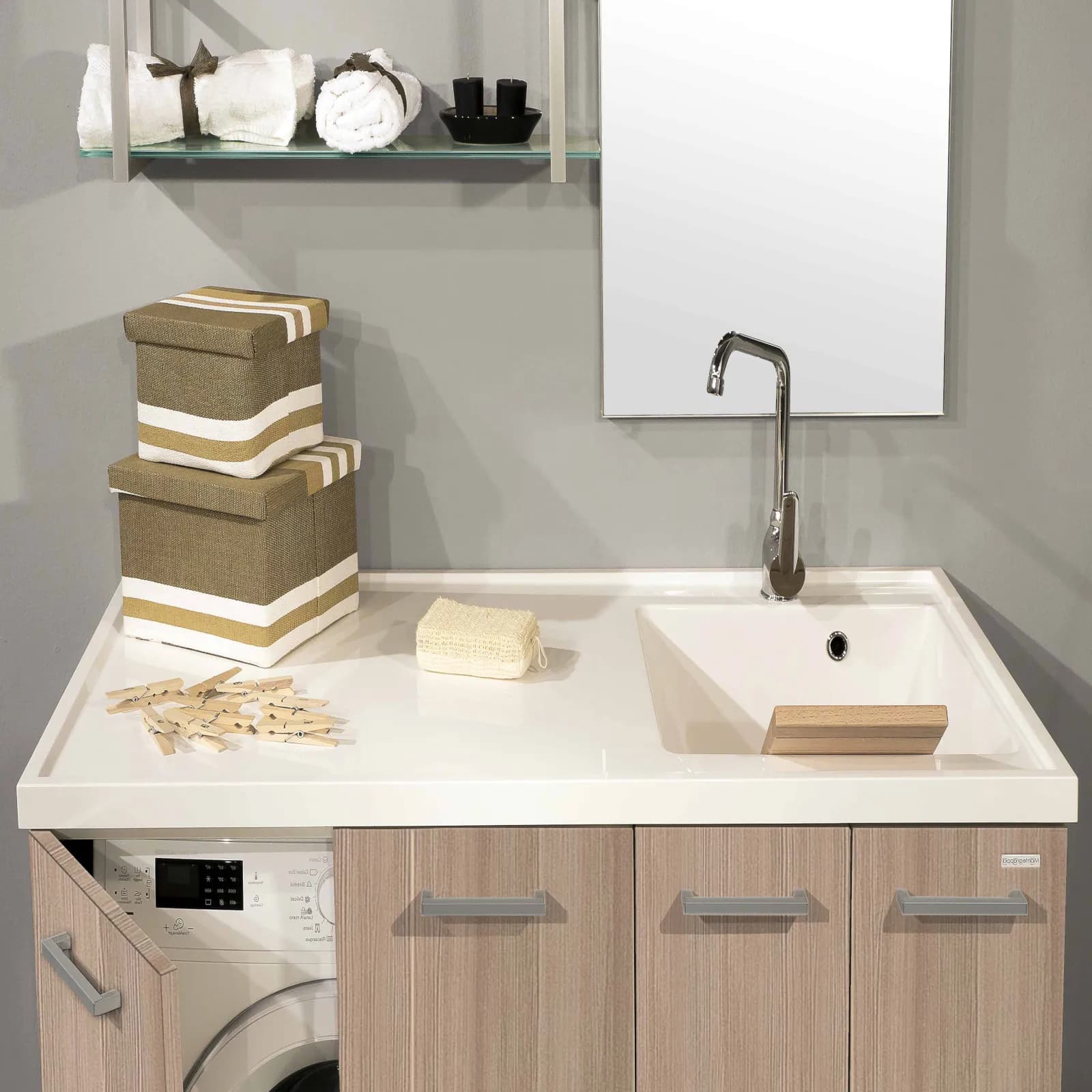 Coprilavatrice sx 120 cm larice naturale con lavatoio e asse in legno - Montegrappa