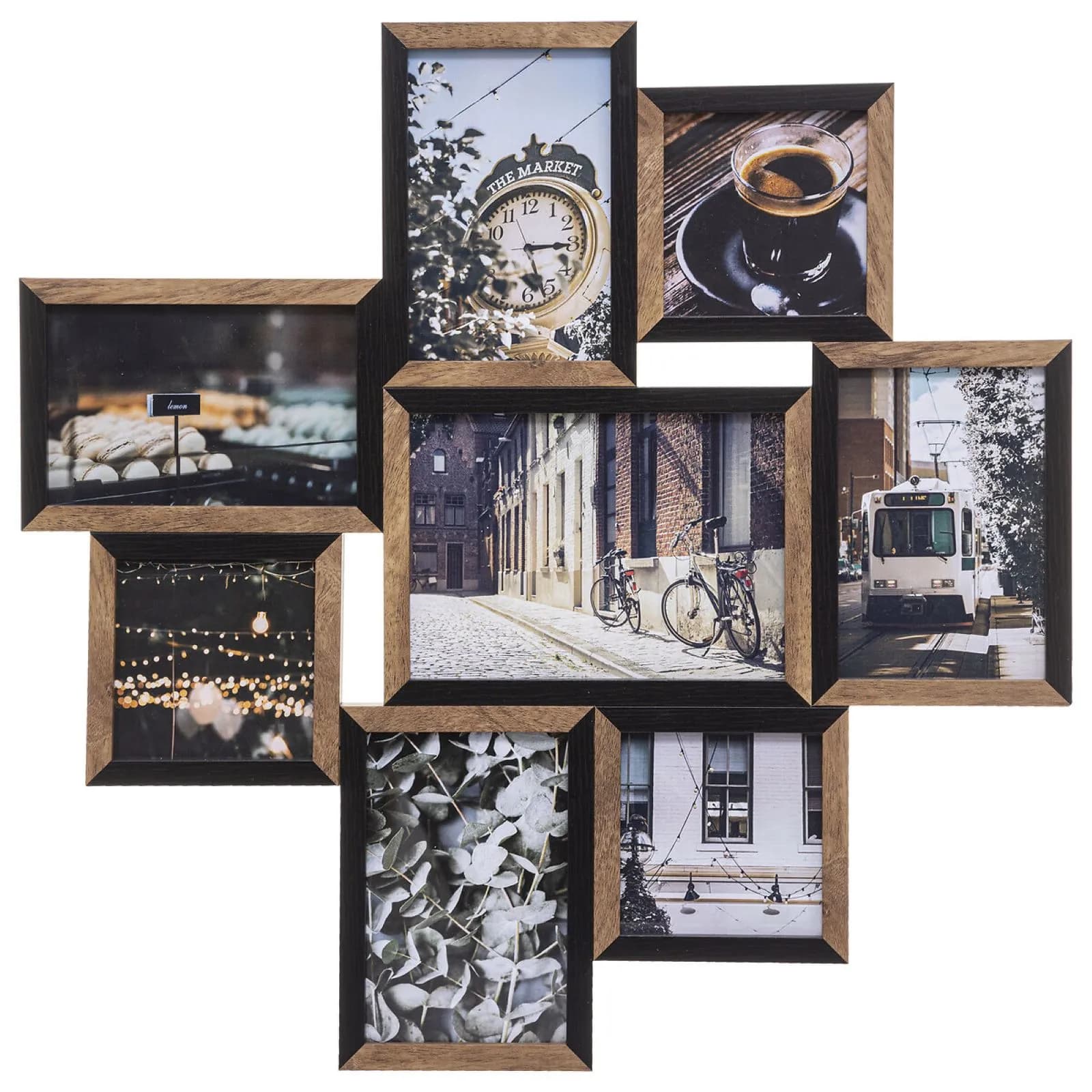 Cornice multipla 48x48 cm reversibile in legno naturale e nero per 8 foto