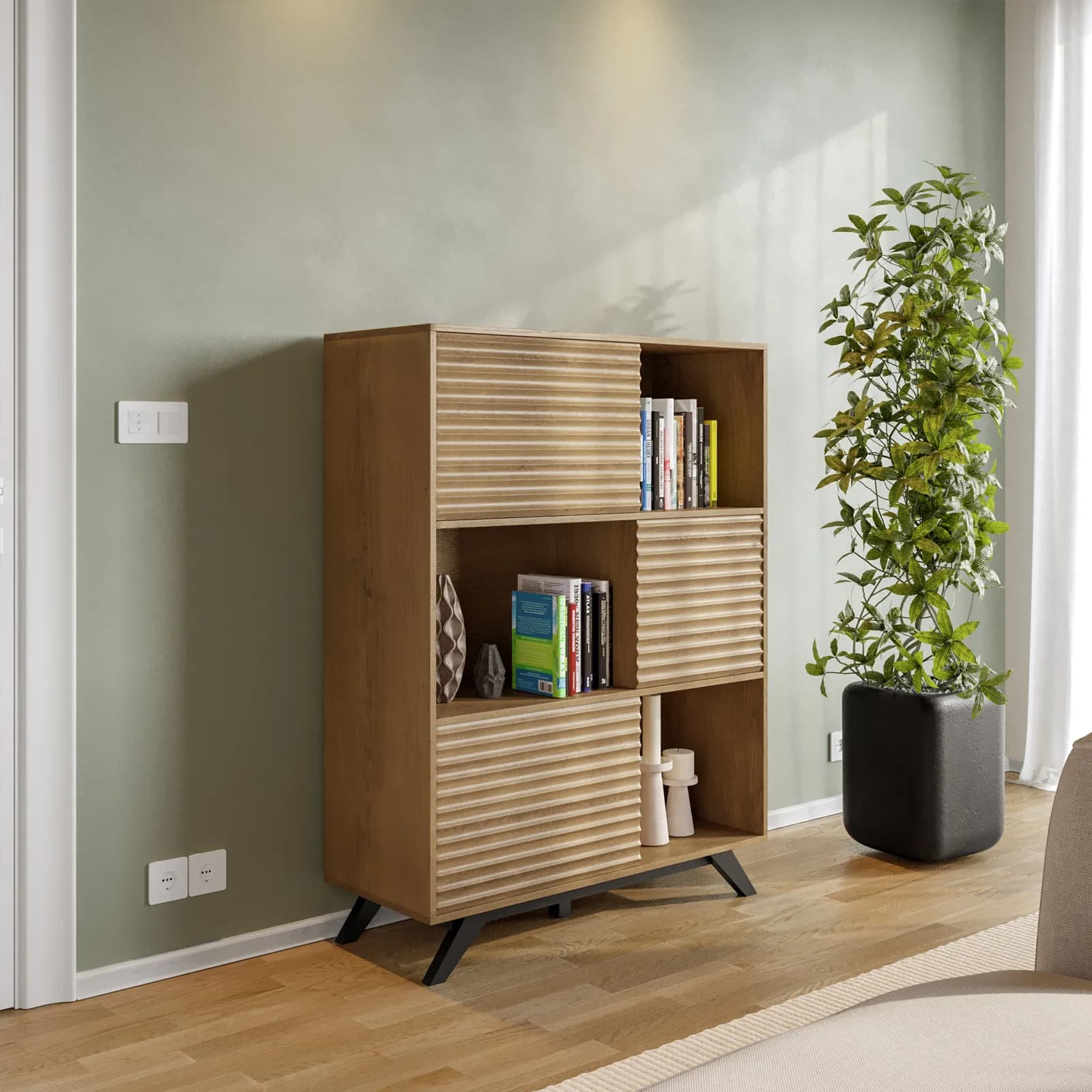 Credenza 100x133h cm in legno rovere horizon con vani a giorno e ante cannettate - Unity