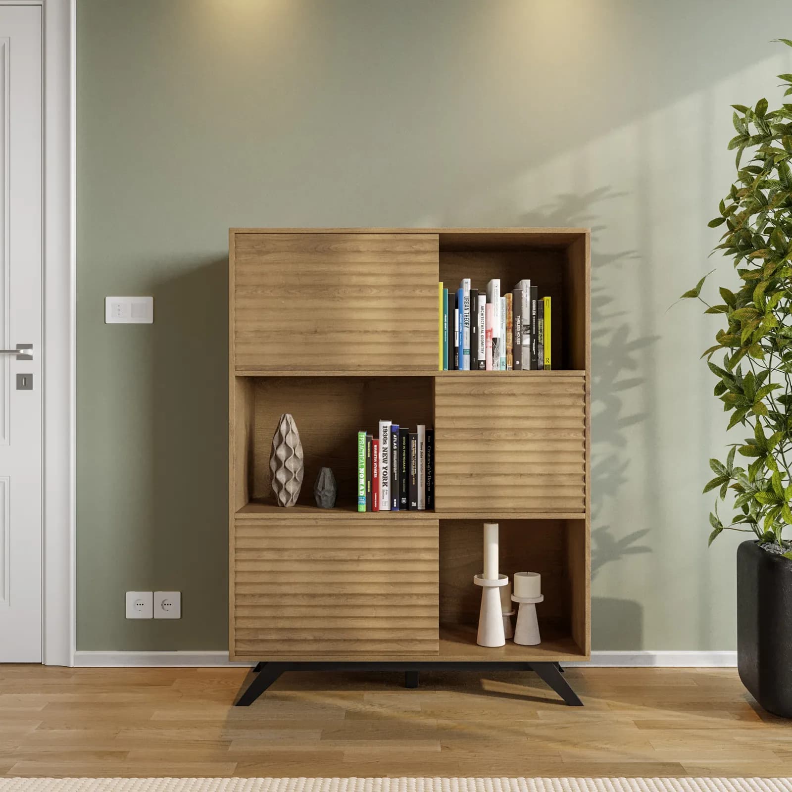Credenza 100x133h cm in legno rovere horizon con vani a giorno e ante cannettate - Unity