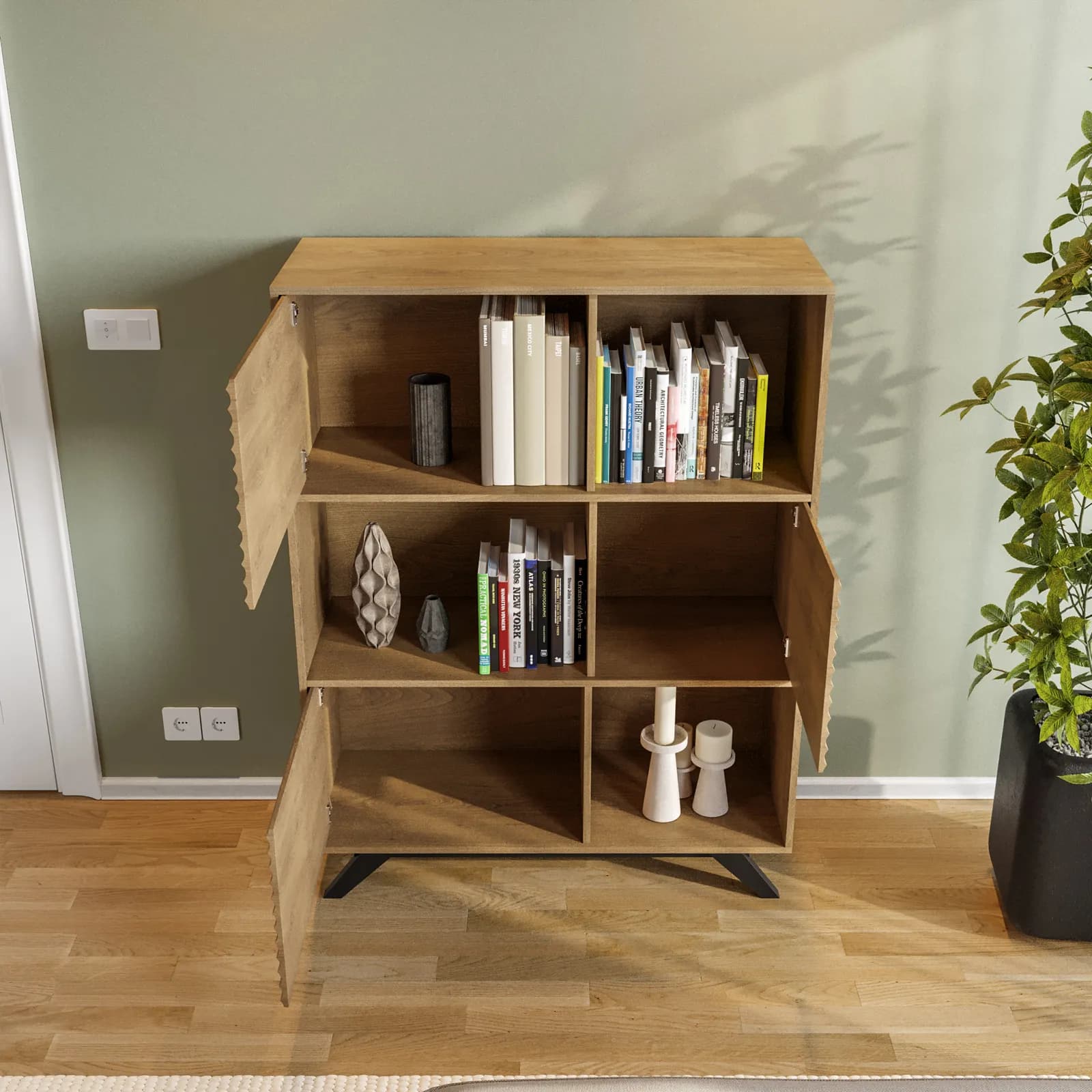 Credenza 100x133h cm in legno rovere horizon con vani a giorno e ante cannettate - Unity