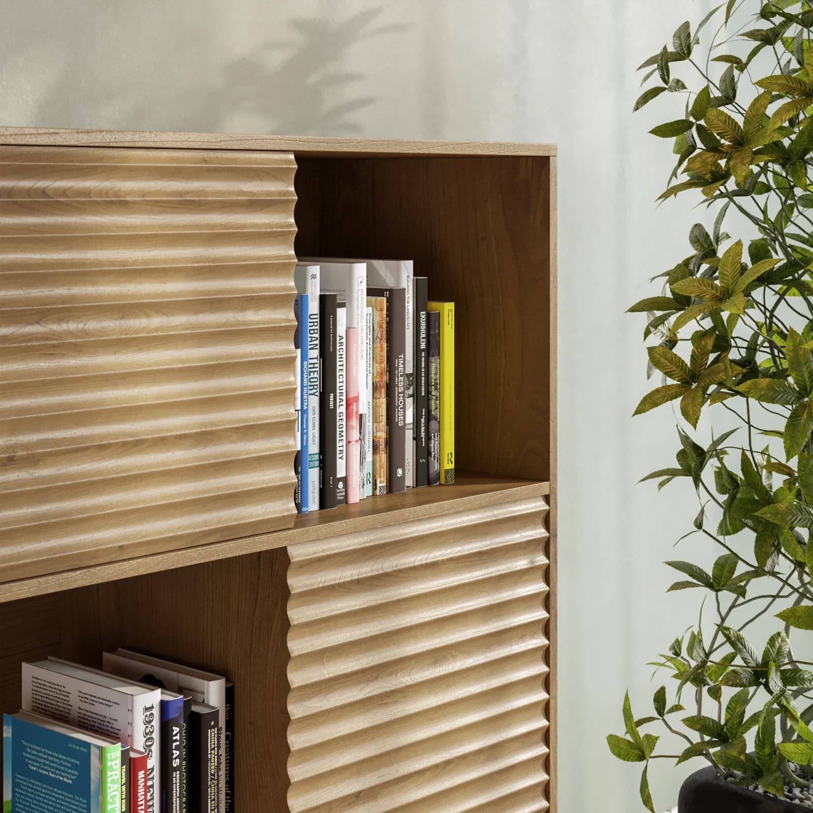 Credenza 100x133h cm in legno rovere horizon con vani a giorno e ante cannettate - Unity