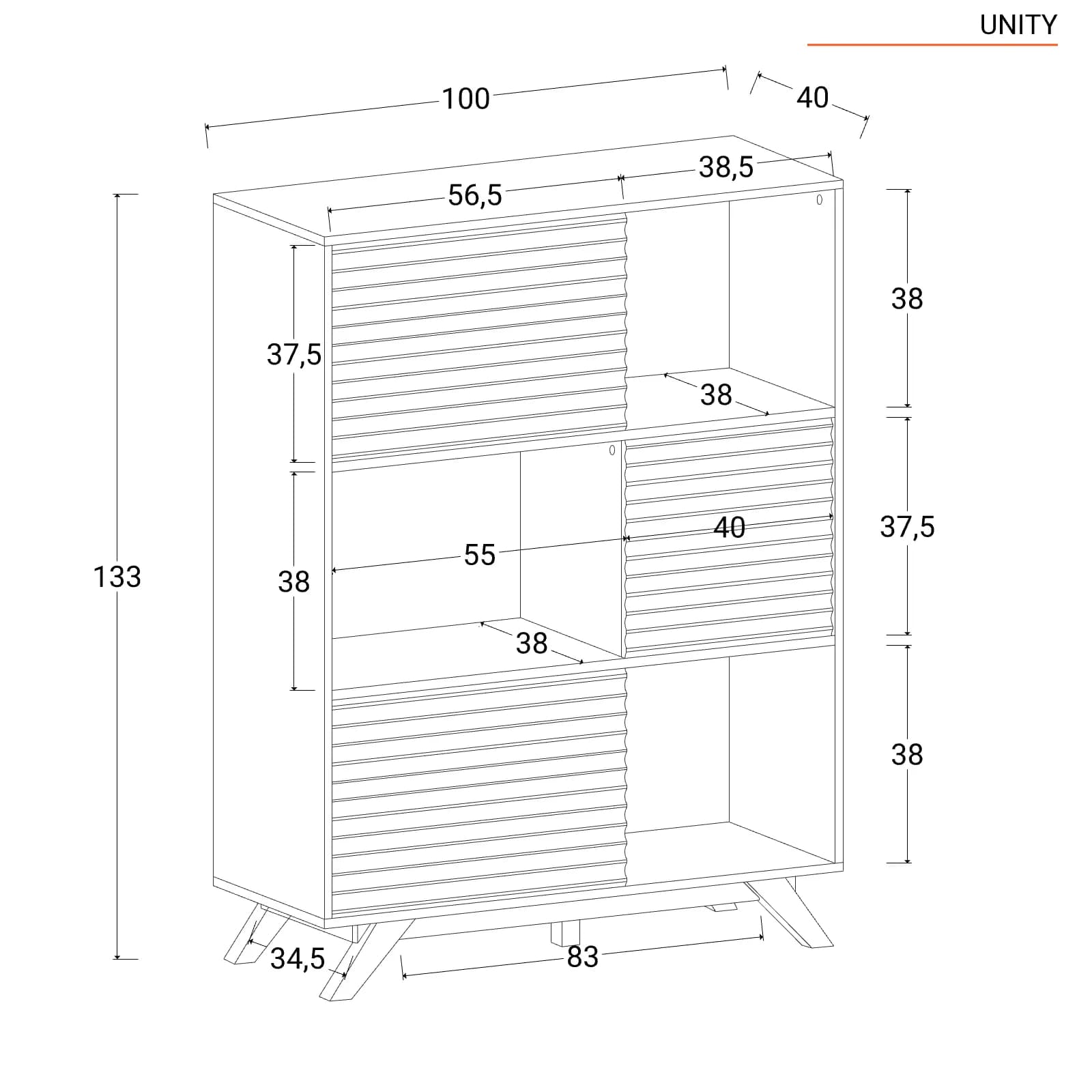 Credenza 100x133h cm in legno rovere horizon con vani a giorno e ante cannettate - Unity
